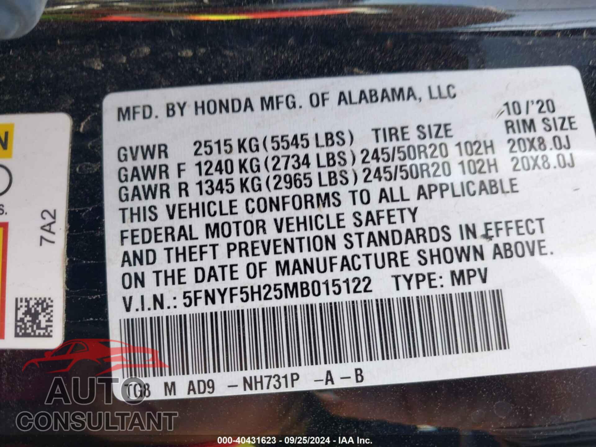 HONDA PILOT 2021 - 5FNYF5H25MB015122