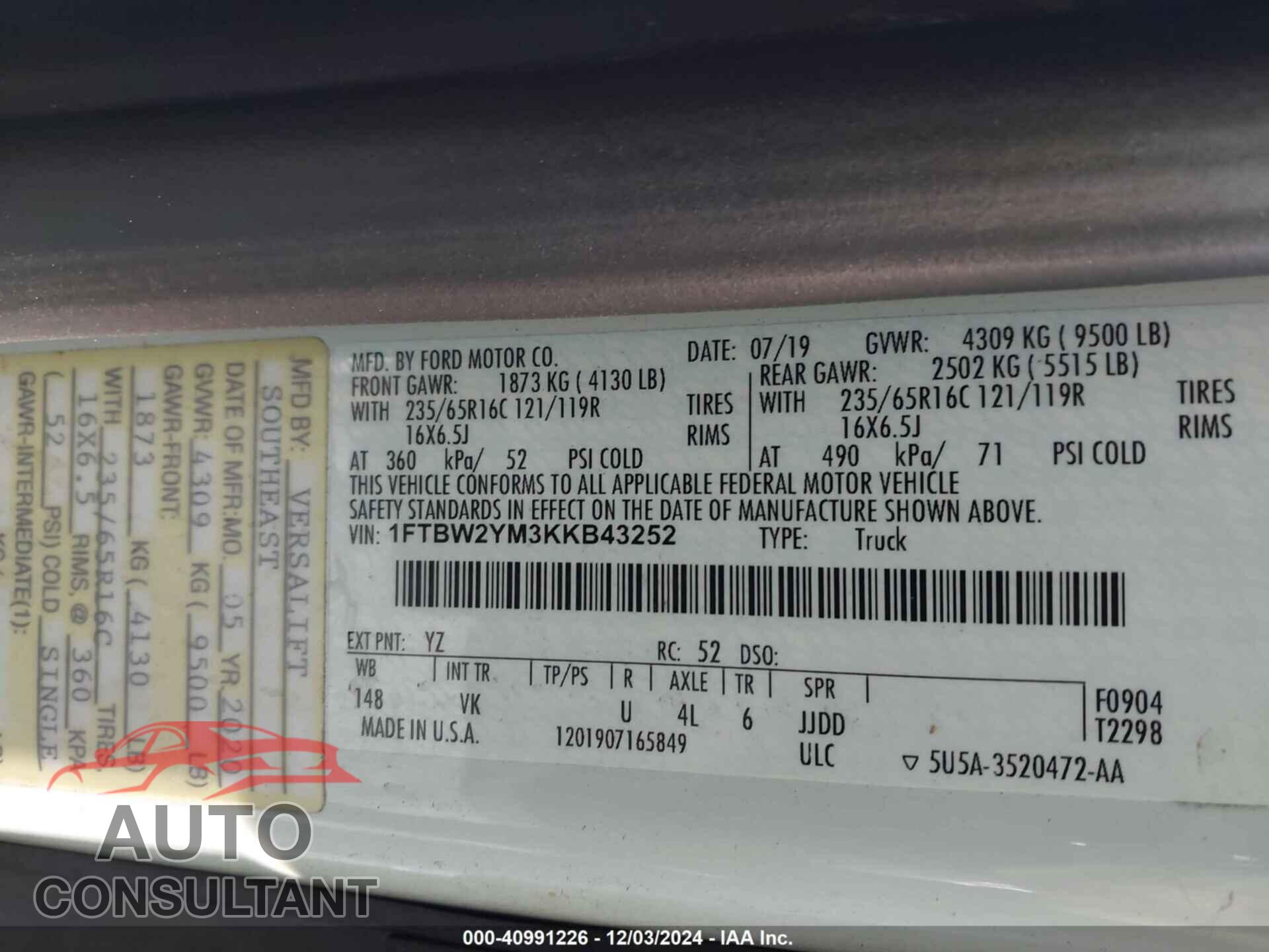 FORD TRANSIT-350 2019 - 1FTBW2YM3KKB43252