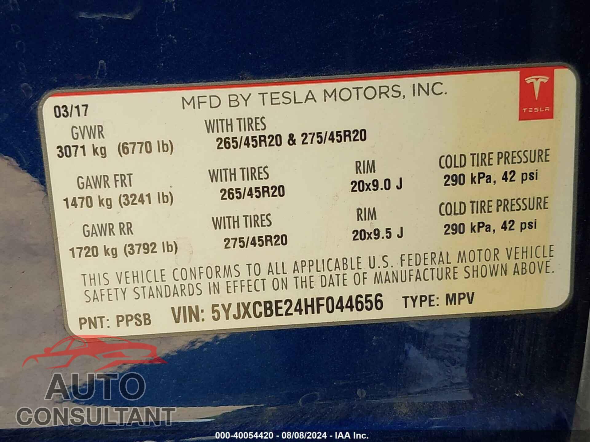 TESLA MODEL X 2017 - 5YJXCBE24HF044656