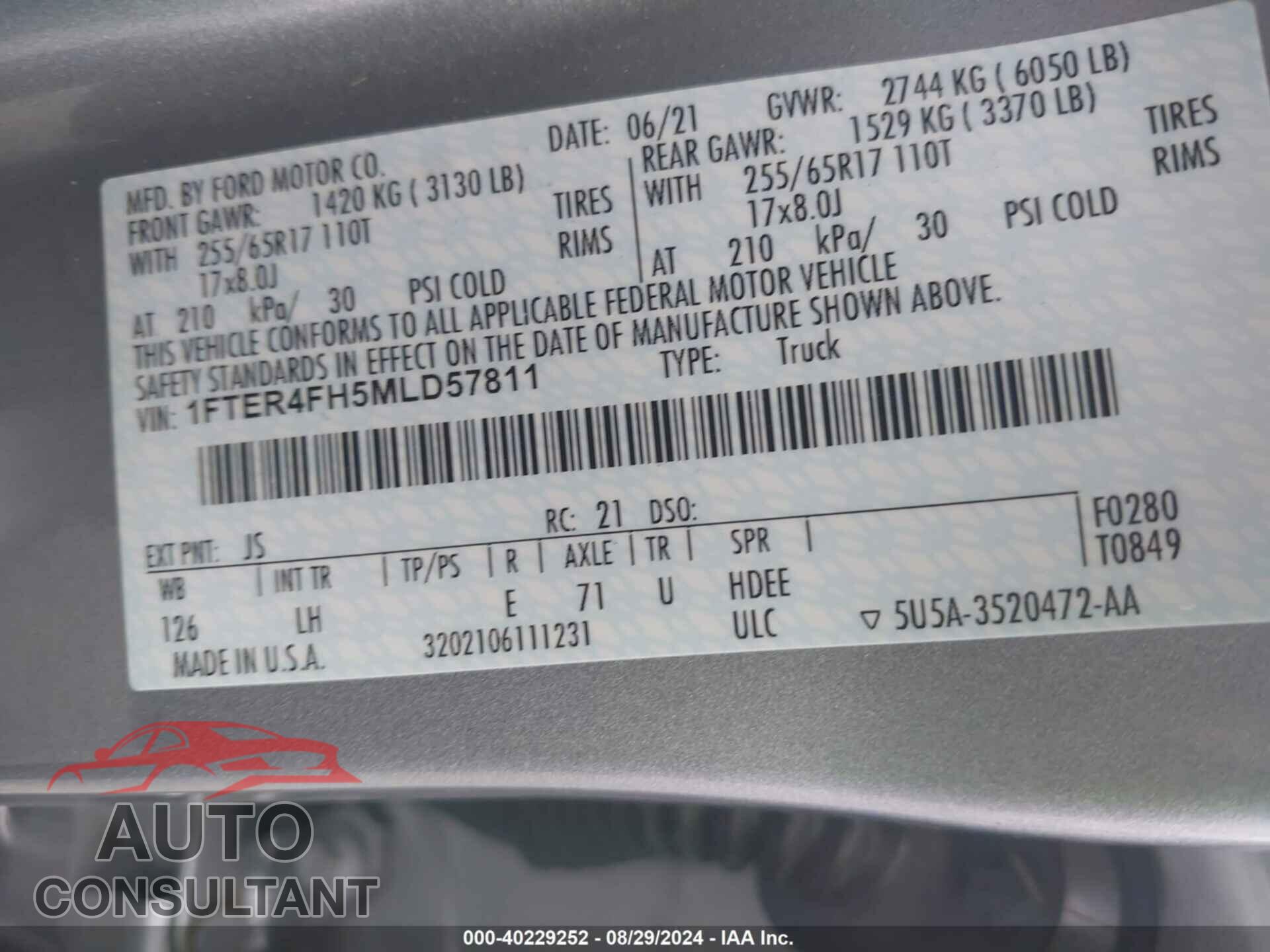 FORD RANGER 2021 - 1FTER4FH5MLD57811