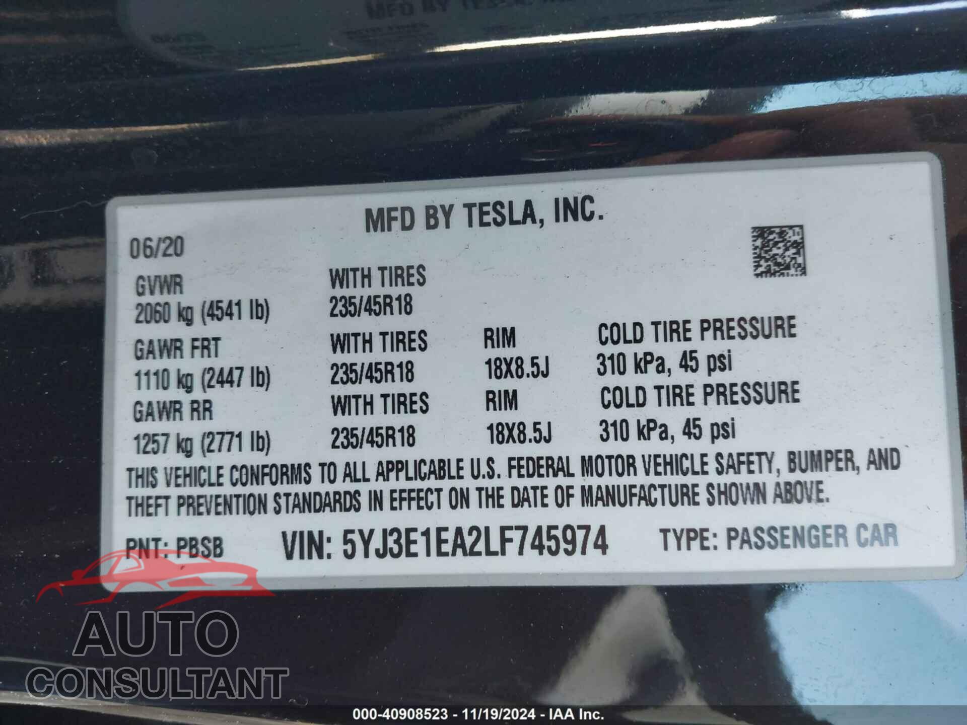 TESLA MODEL 3 2020 - 5YJ3E1EA2LF745974
