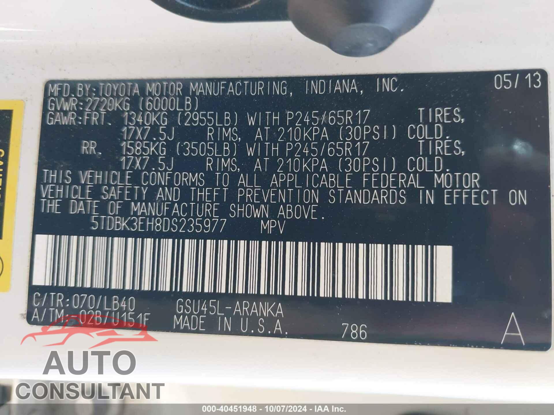 TOYOTA HIGHLANDER 2013 - 5TDBK3EH8DS235977