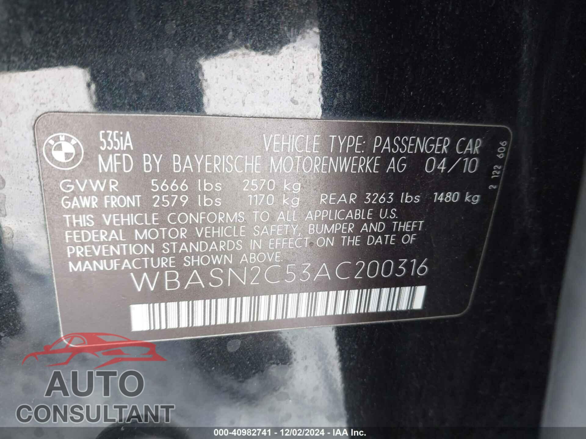 BMW 535I GRAN TURISMO 2010 - WBASN2C53AC200316