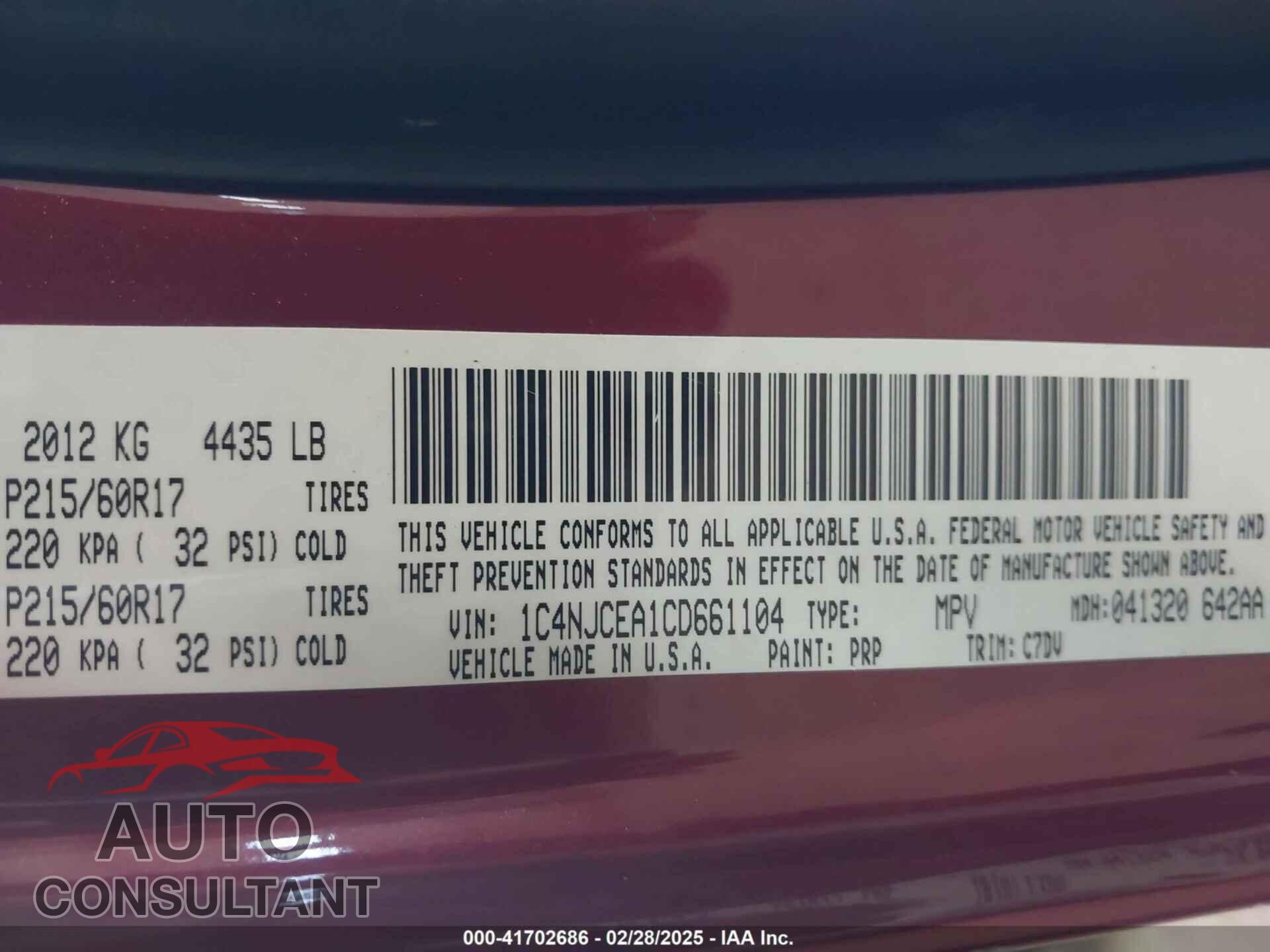 JEEP COMPASS 2012 - 1C4NJCEA1CD661104