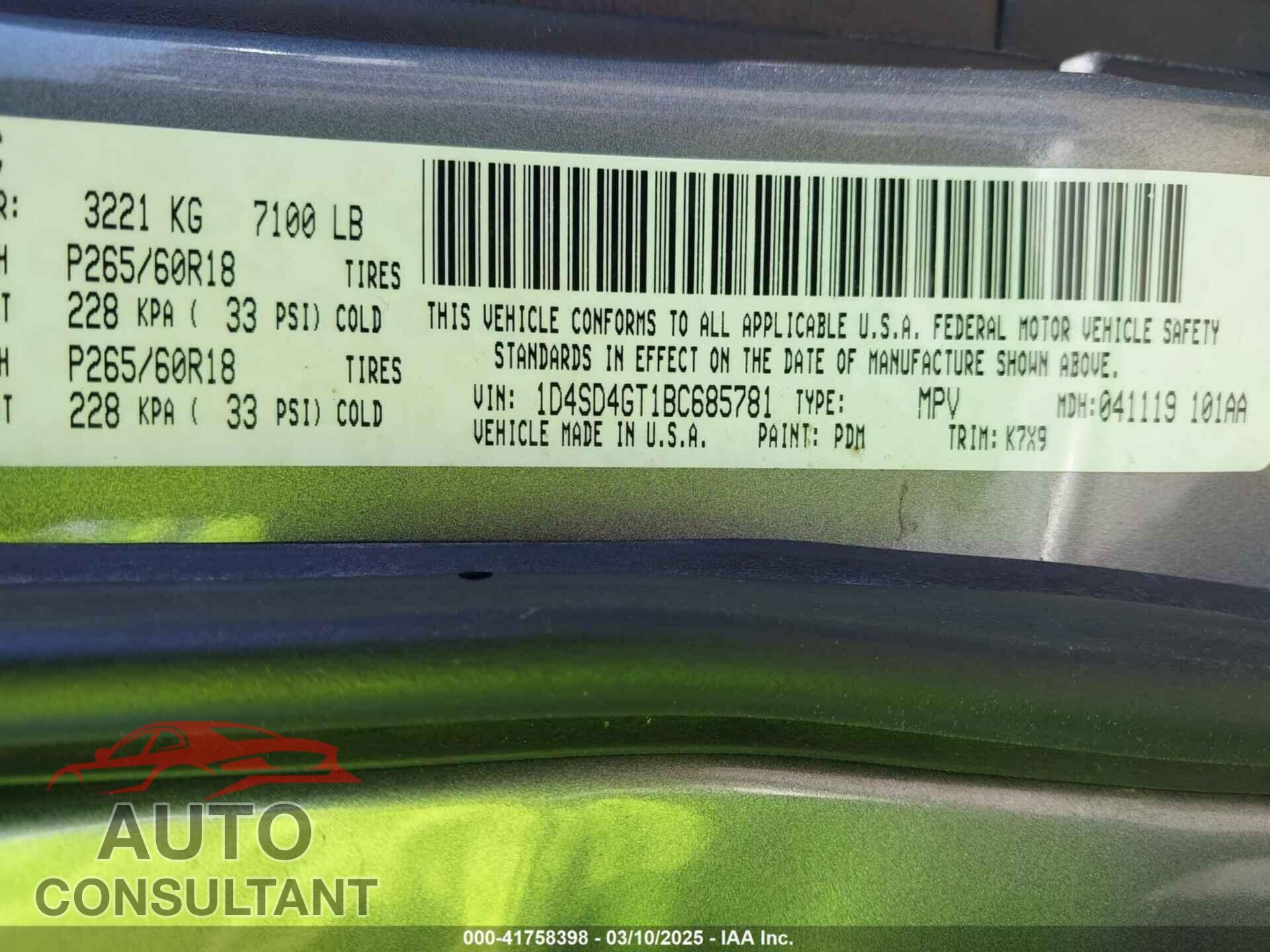 DODGE DURANGO 2011 - 1D4SD4GT1BC685781