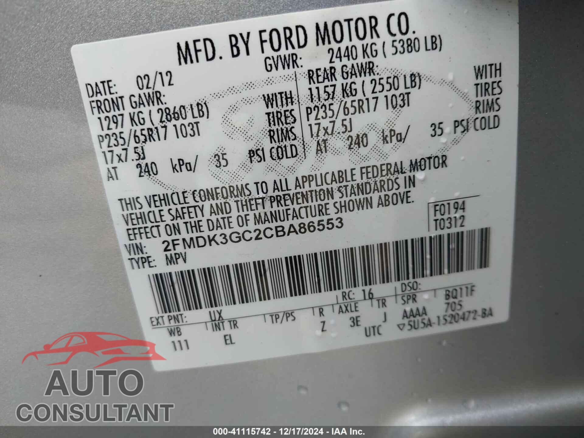 FORD EDGE 2012 - 2FMDK3GC2CBA86553