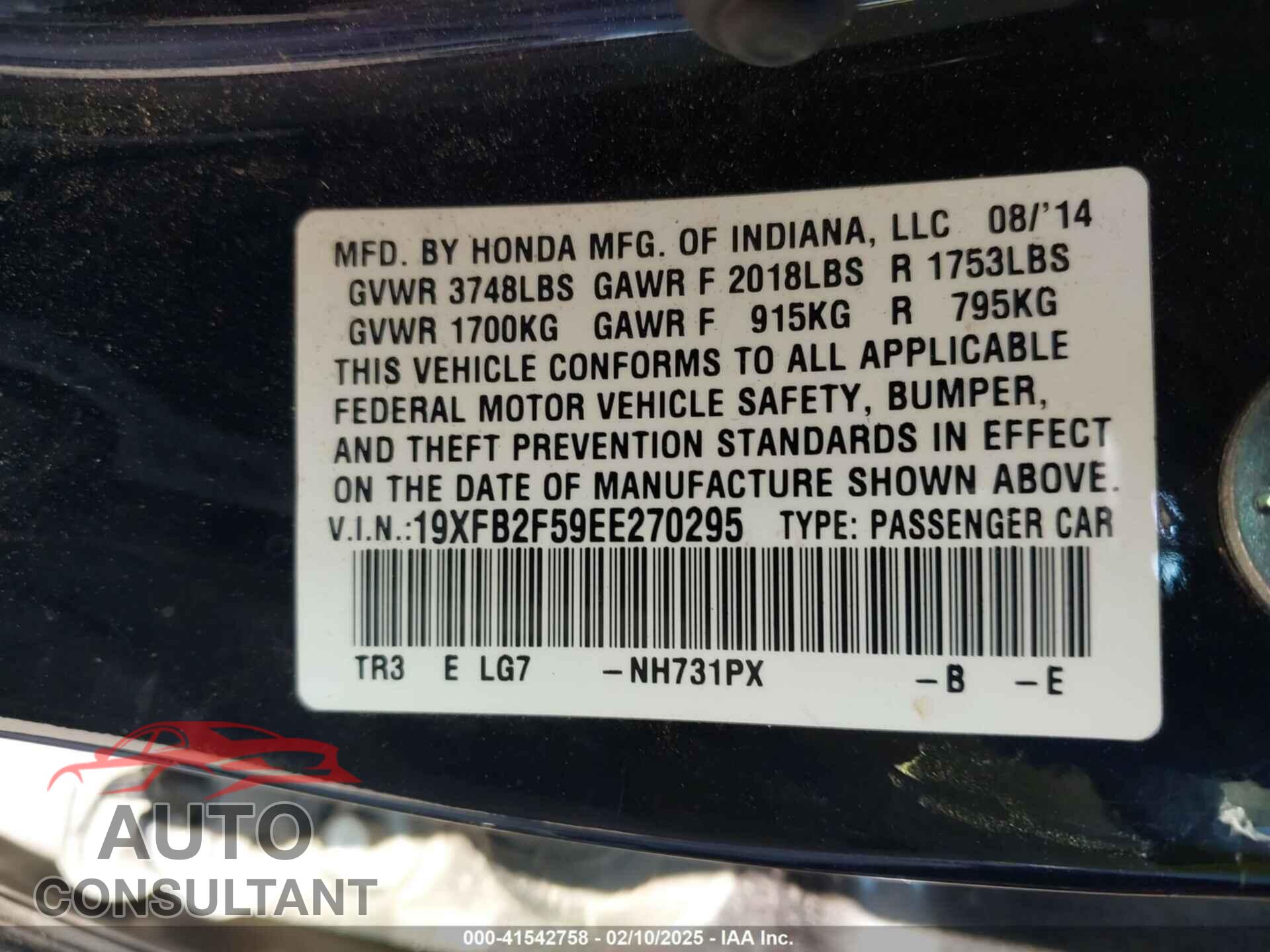 HONDA CIVIC 2014 - 19XFB2F59EE270295