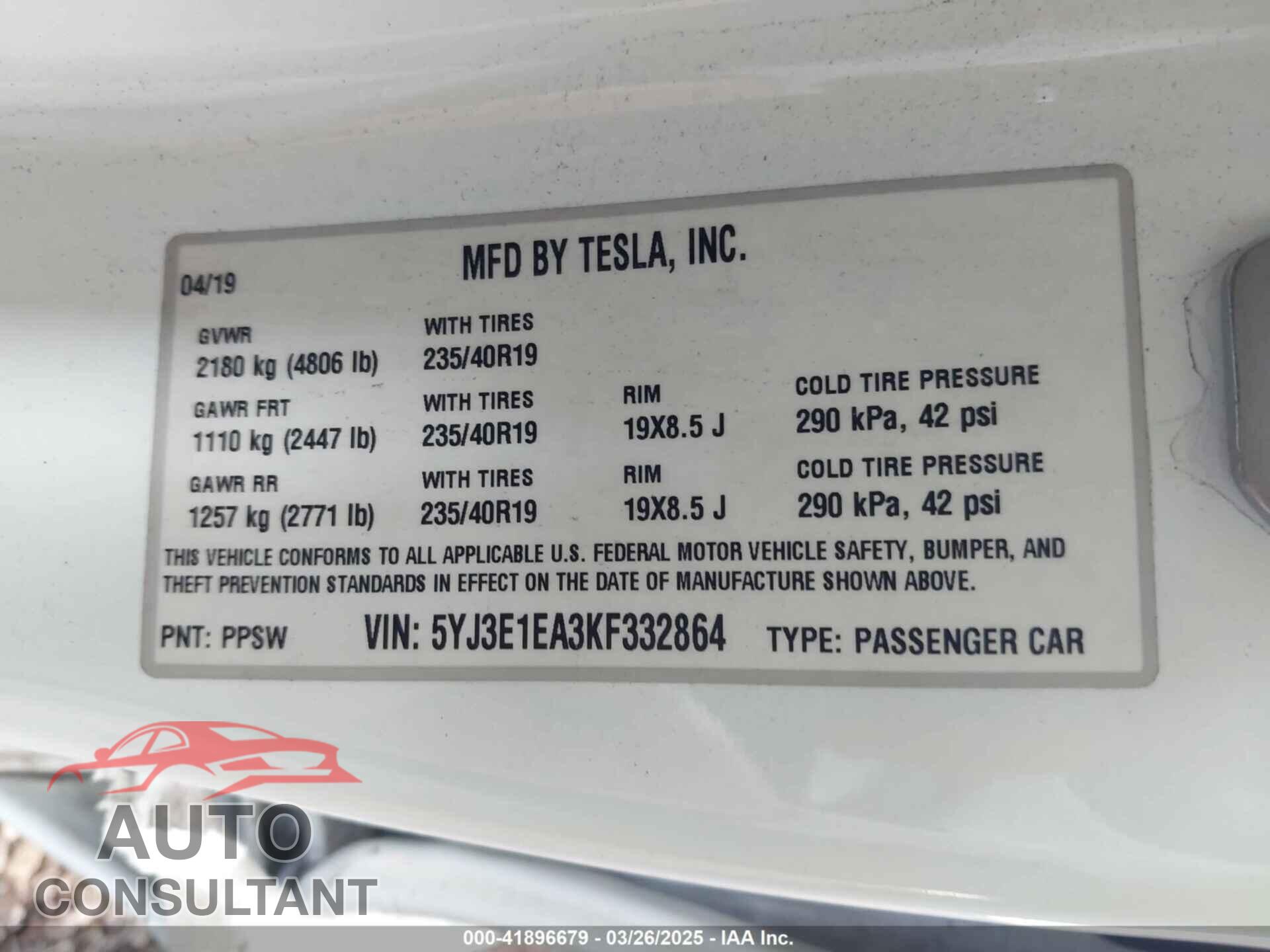 TESLA MODEL 3 2019 - 5YJ3E1EA3KF332864