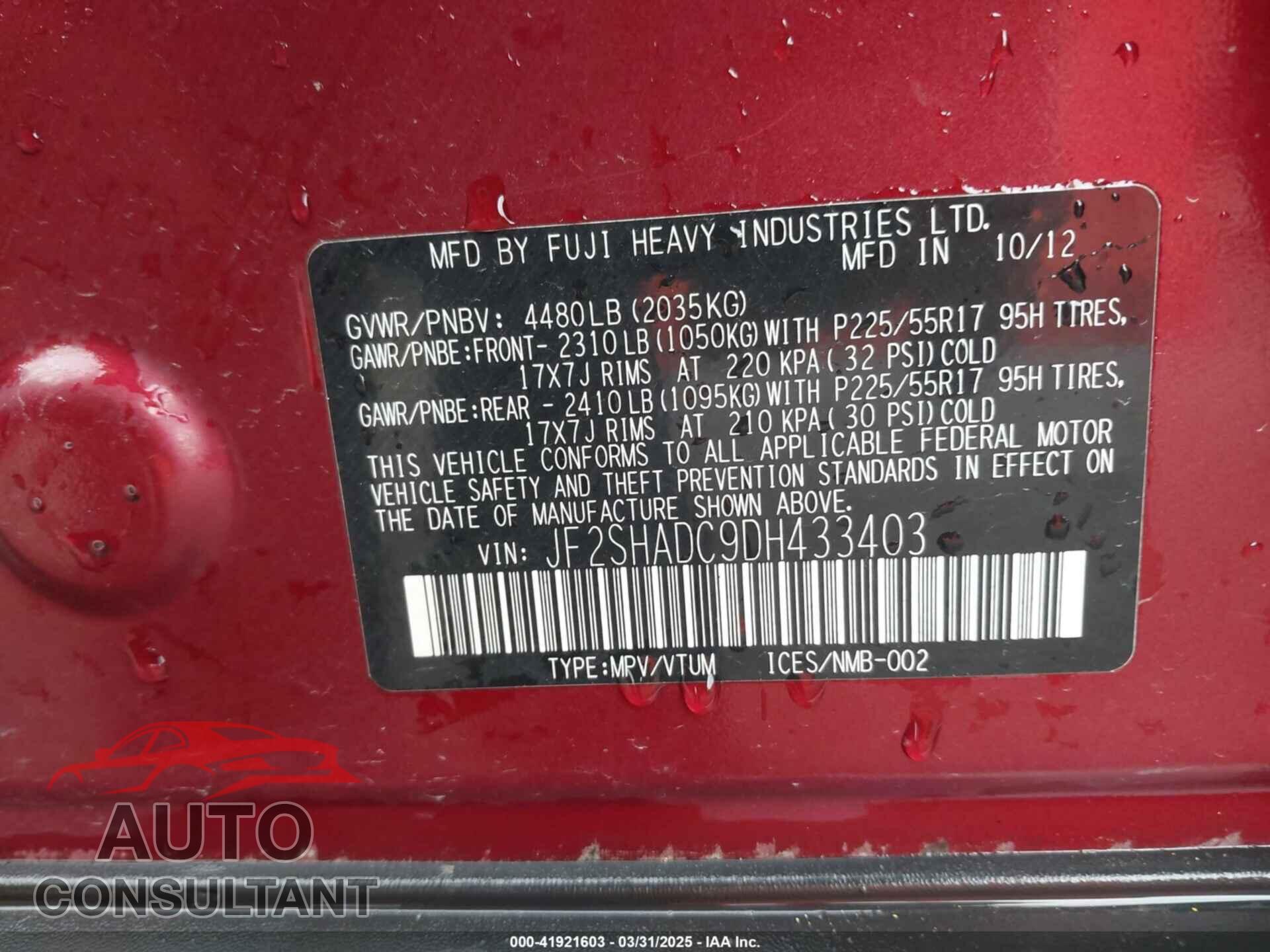 SUBARU FORESTER 2013 - JF2SHADC9DH433403