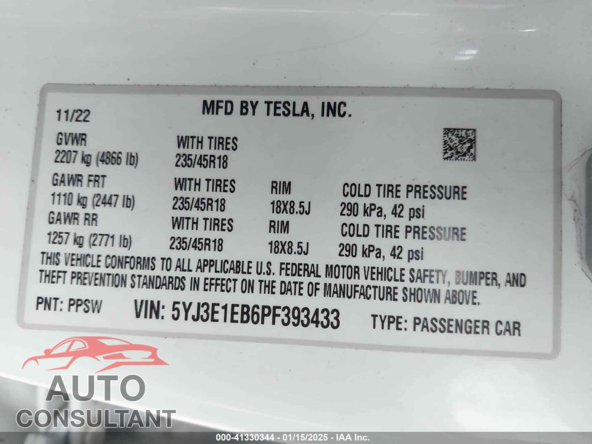 TESLA MODEL 3 2023 - 5YJ3E1EB6PF393433