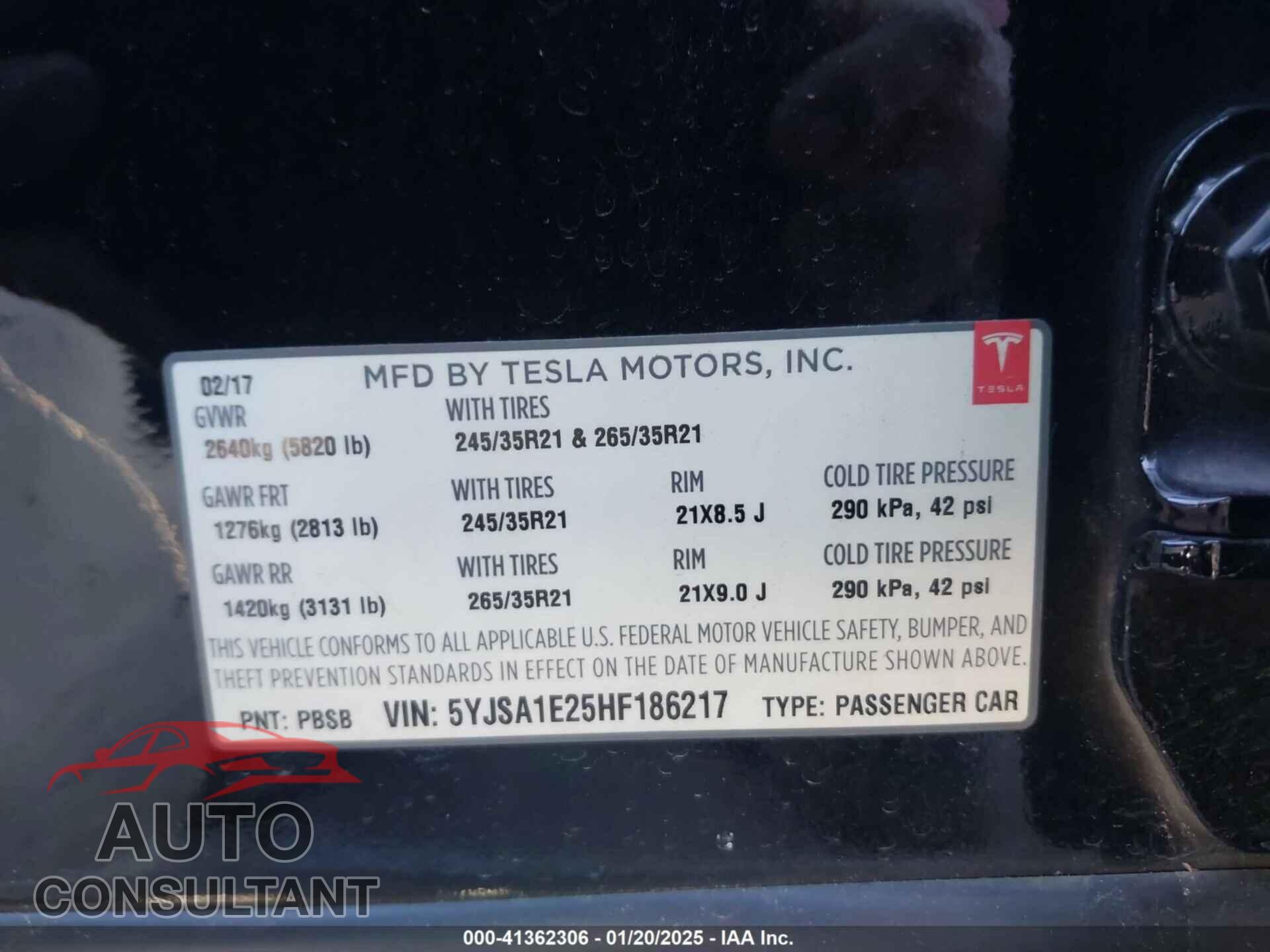 TESLA MODEL S 2017 - 5YJSA1E25HF186217