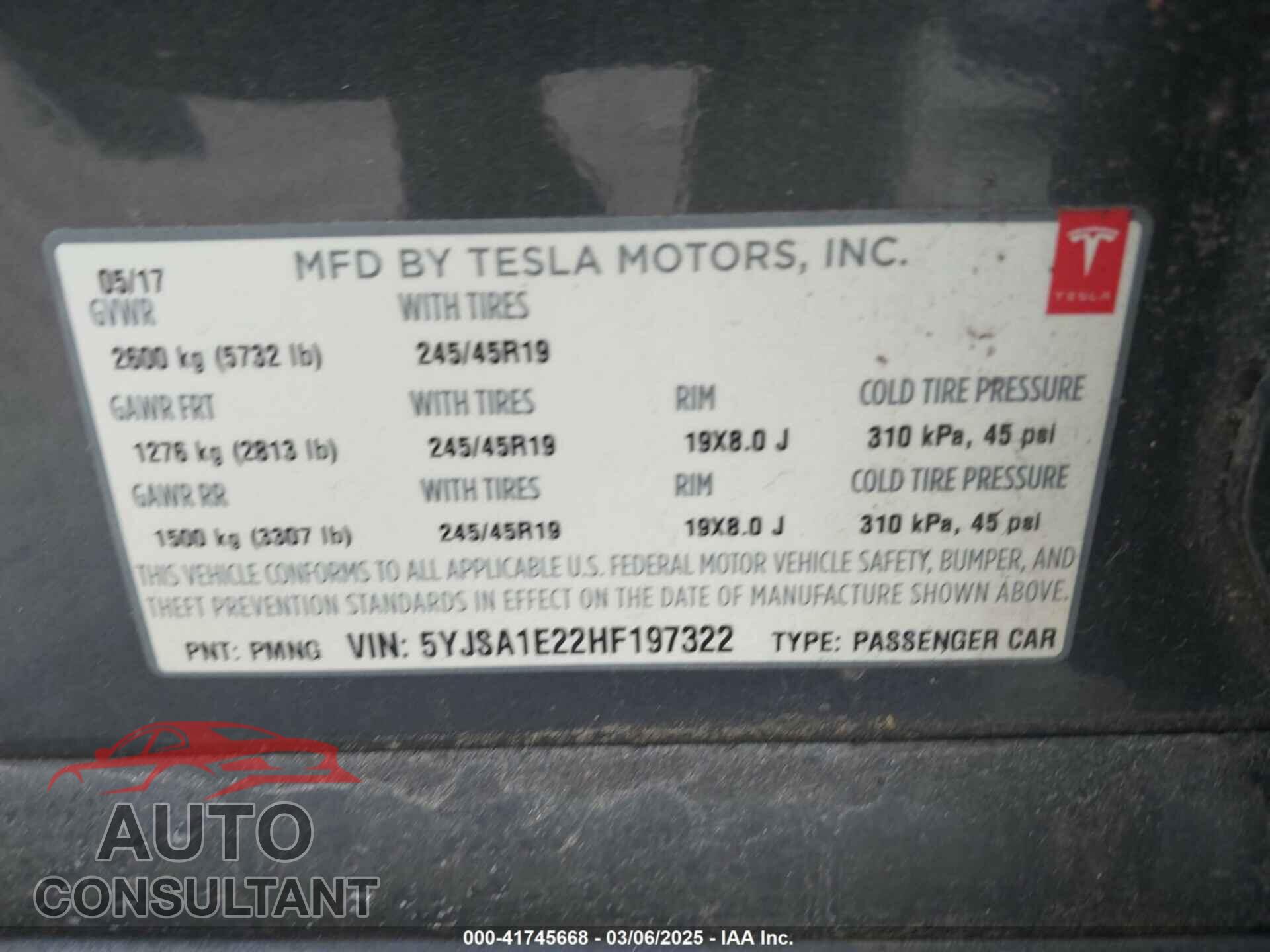 TESLA MODEL S 2017 - 5YJSA1E22HF197322