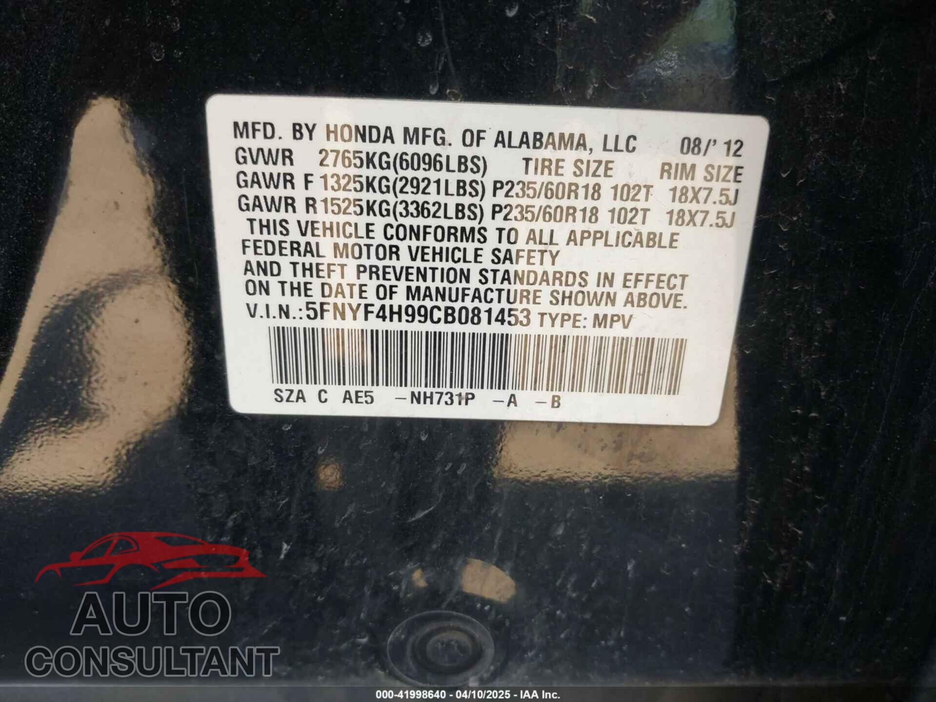 HONDA PILOT 2012 - 5FNYF4H99CB081453