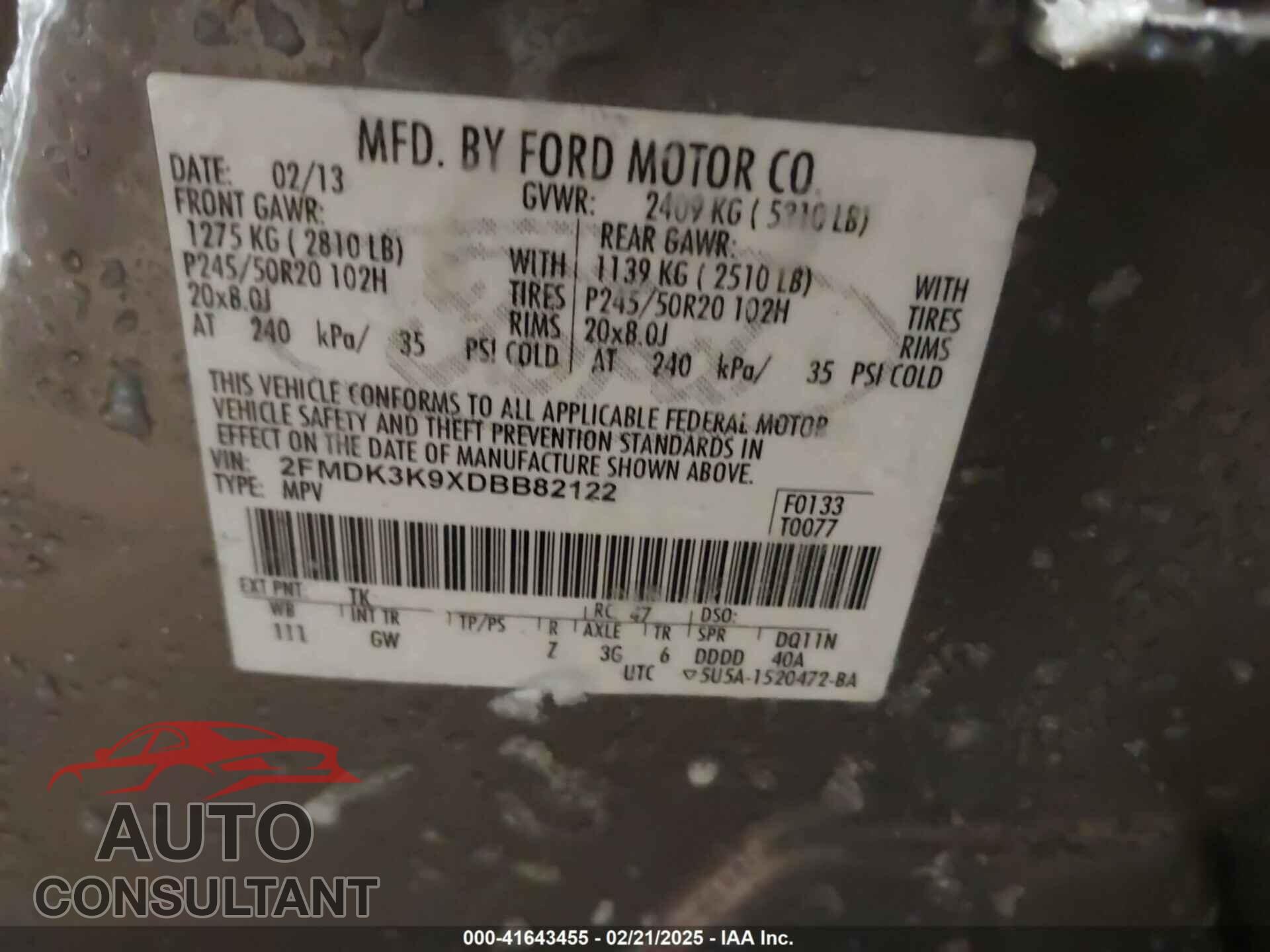 FORD EDGE 2013 - 2FMDK3K9XDBB82122
