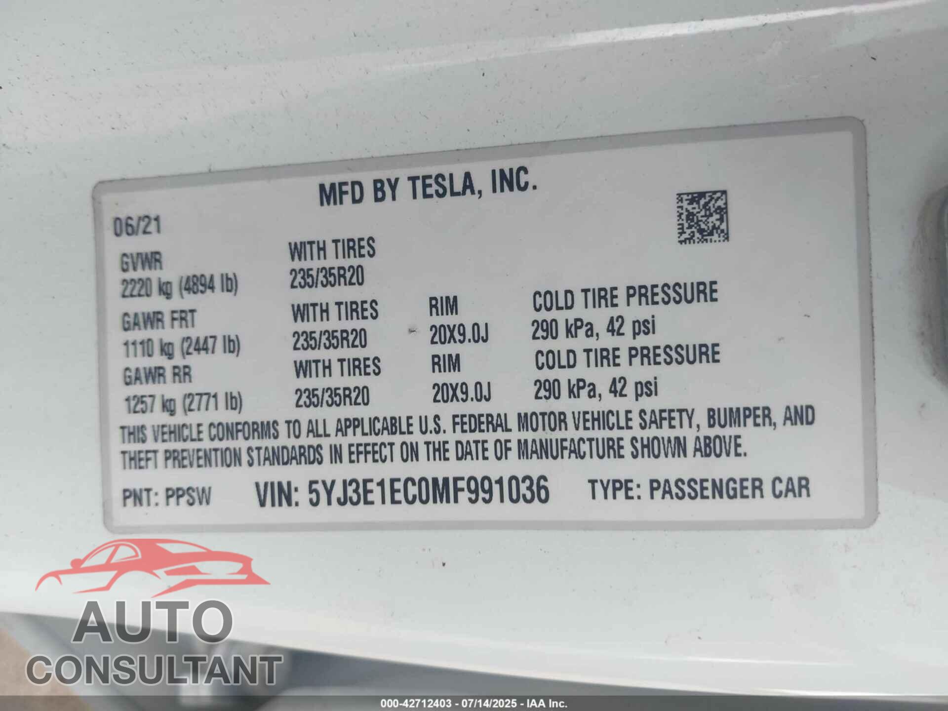 TESLA MODEL 3 2021 - 5YJ3E1EC0MF991036