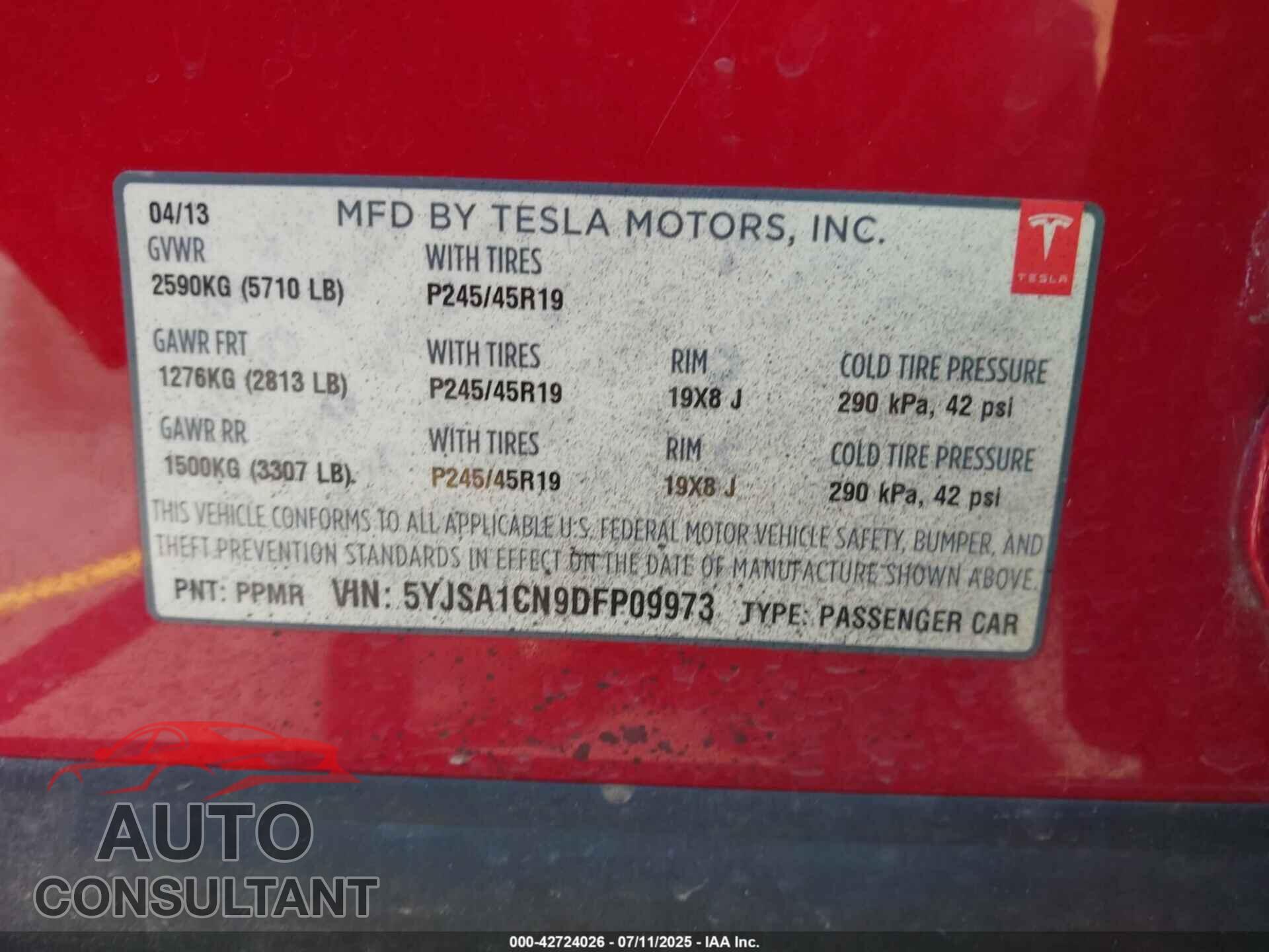 TESLA MODEL S 2013 - 5YJSA1CN9DFP09973