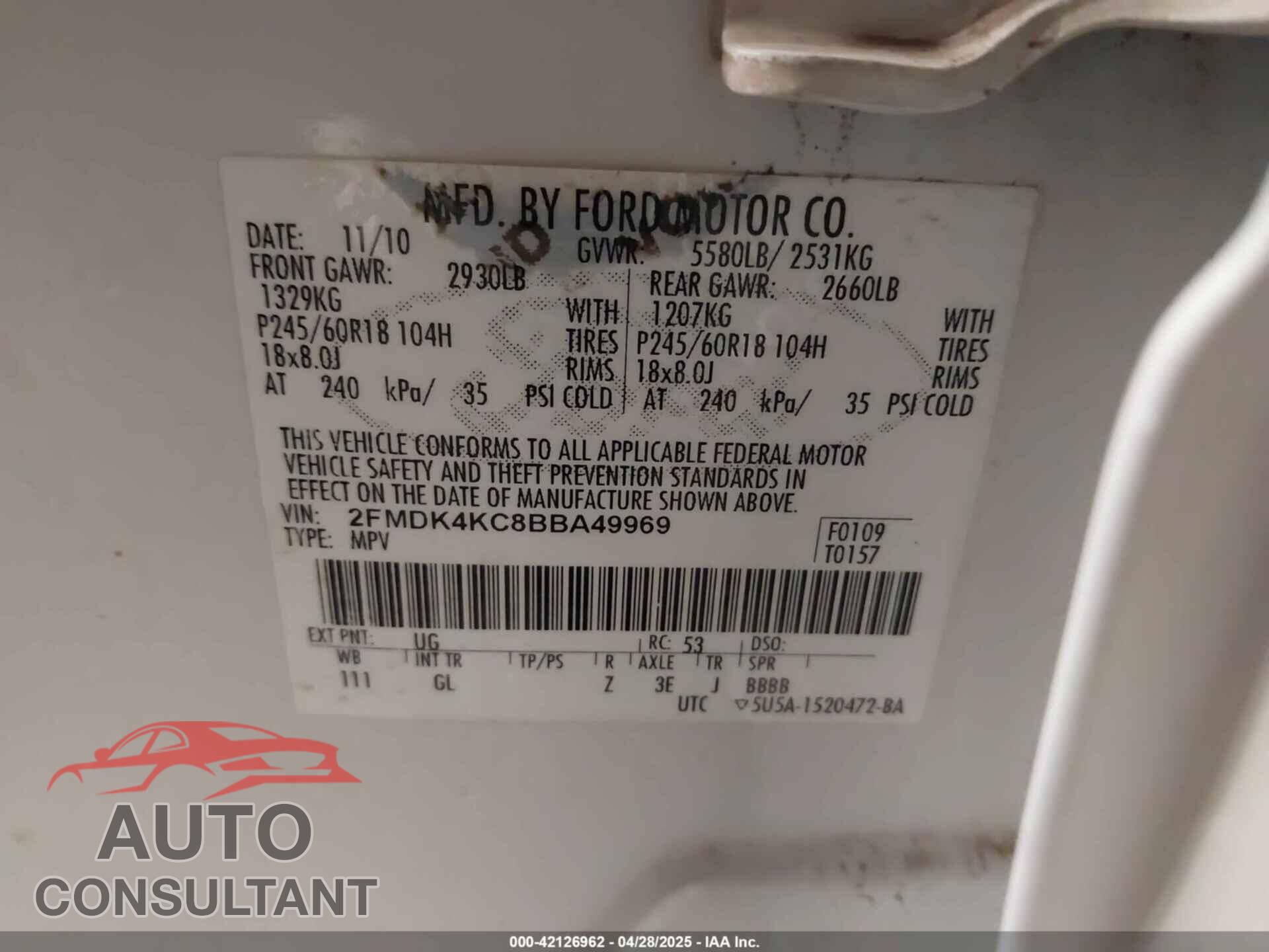 FORD EDGE 2011 - 2FMDK4KC8BBA49969
