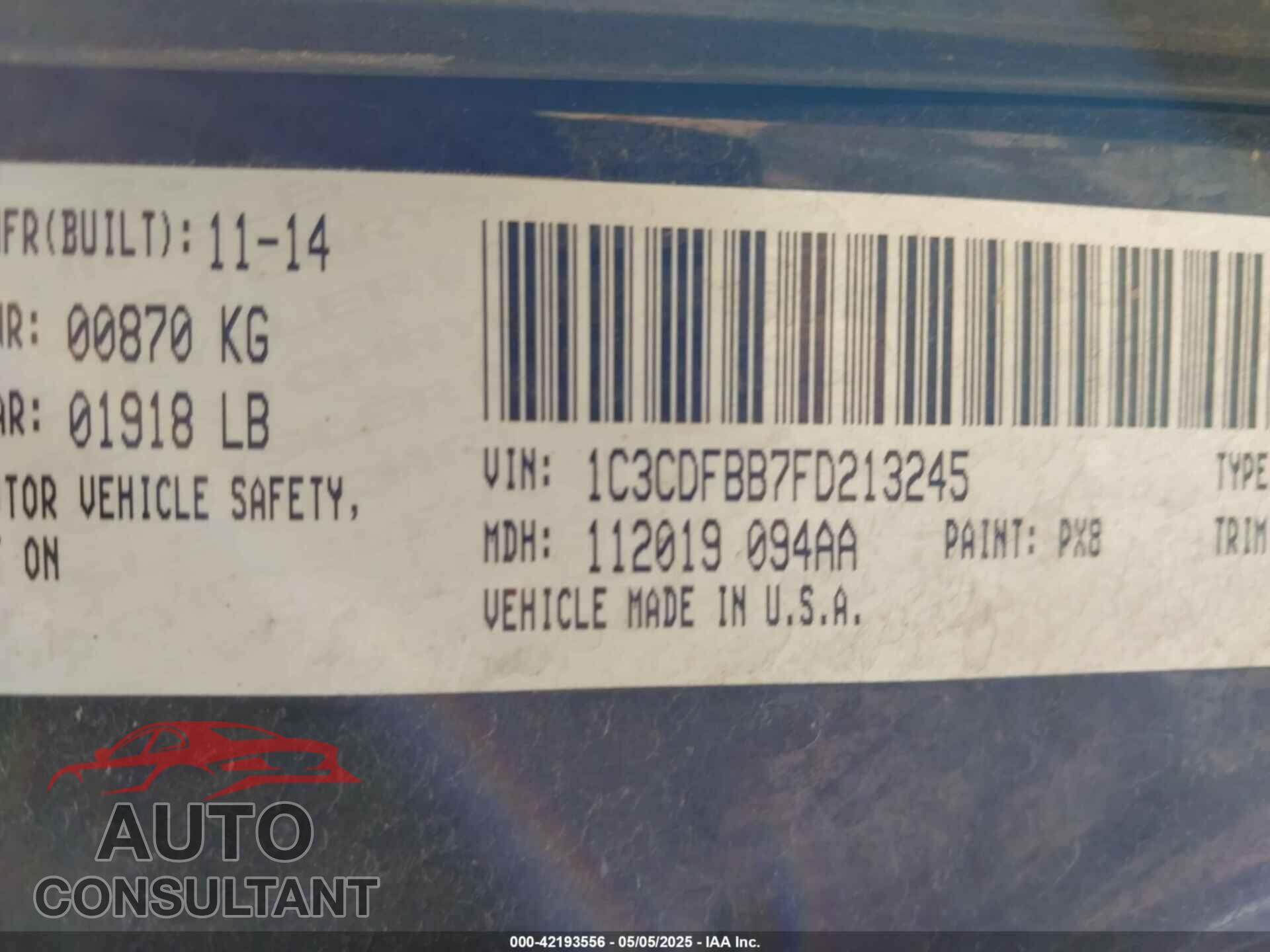 DODGE DART 2015 - 1C3CDFBB7FD213245