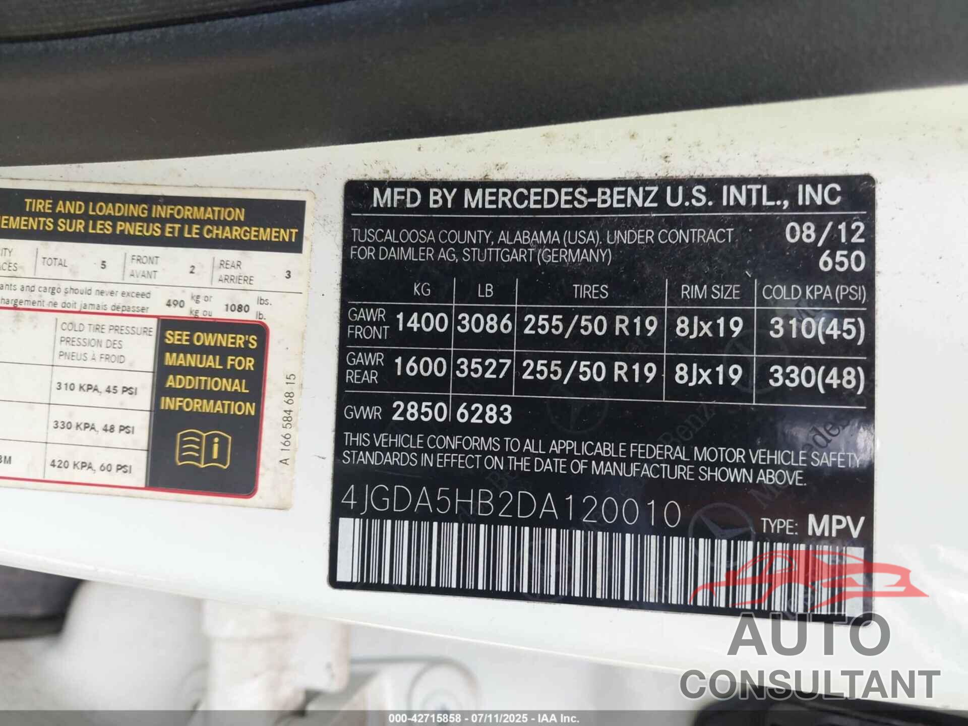 MERCEDES-BENZ ML 350 2013 - 4JGDA5HB2DA120010