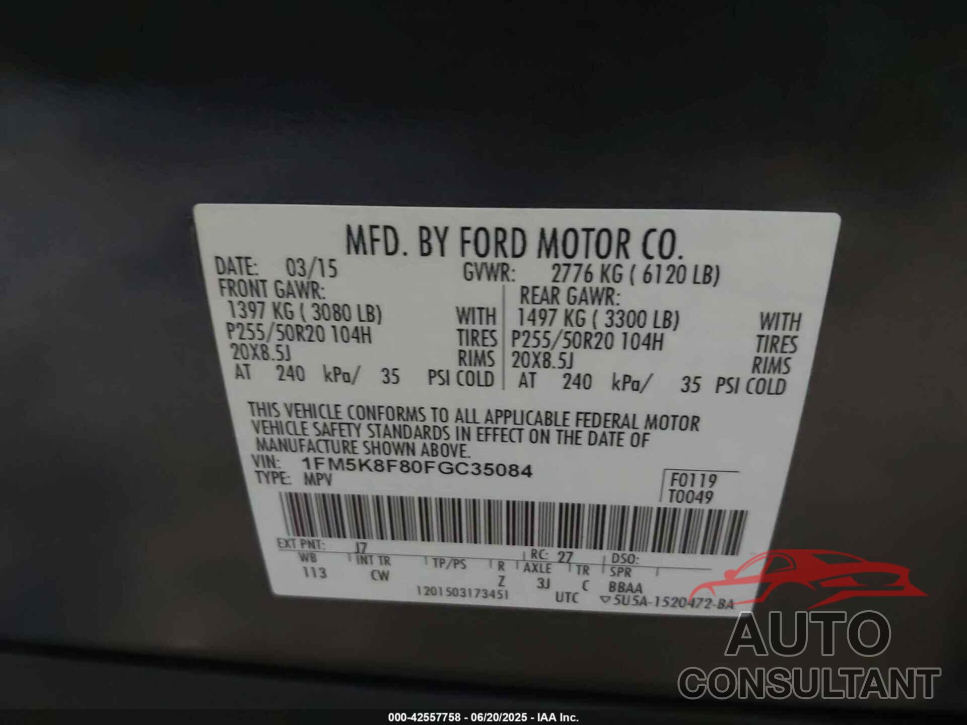 FORD EXPLORER 2015 - 1FM5K8F80FGC35084