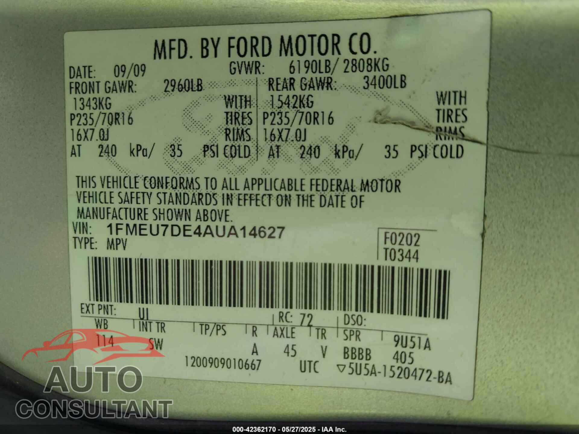 FORD EXPLORER 2010 - 1FMEU7DE4AUA14627