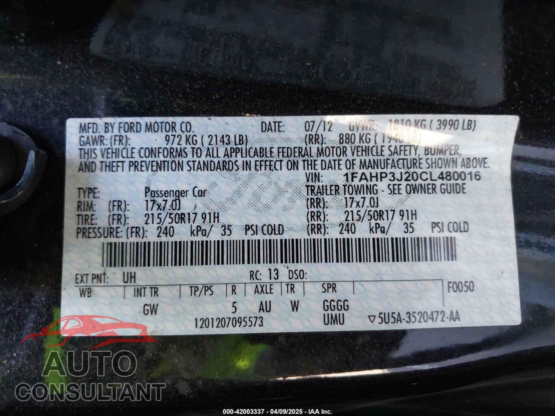 FORD FOCUS 2012 - 1FAHP3J20CL480016