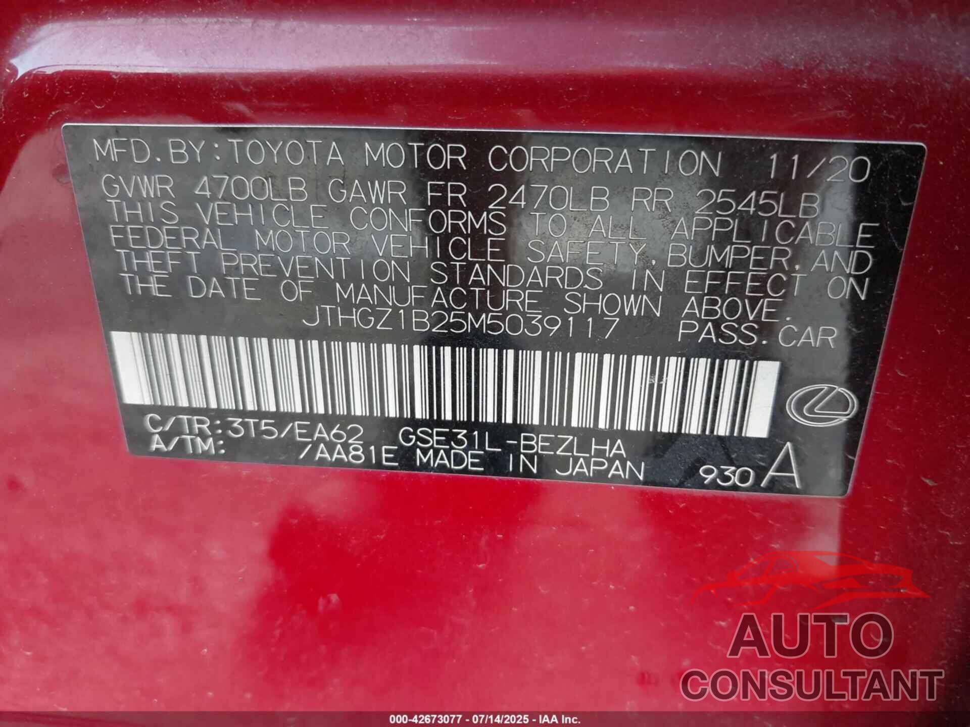 LEXUS IS 350 2021 - JTHGZ1B25M5039117
