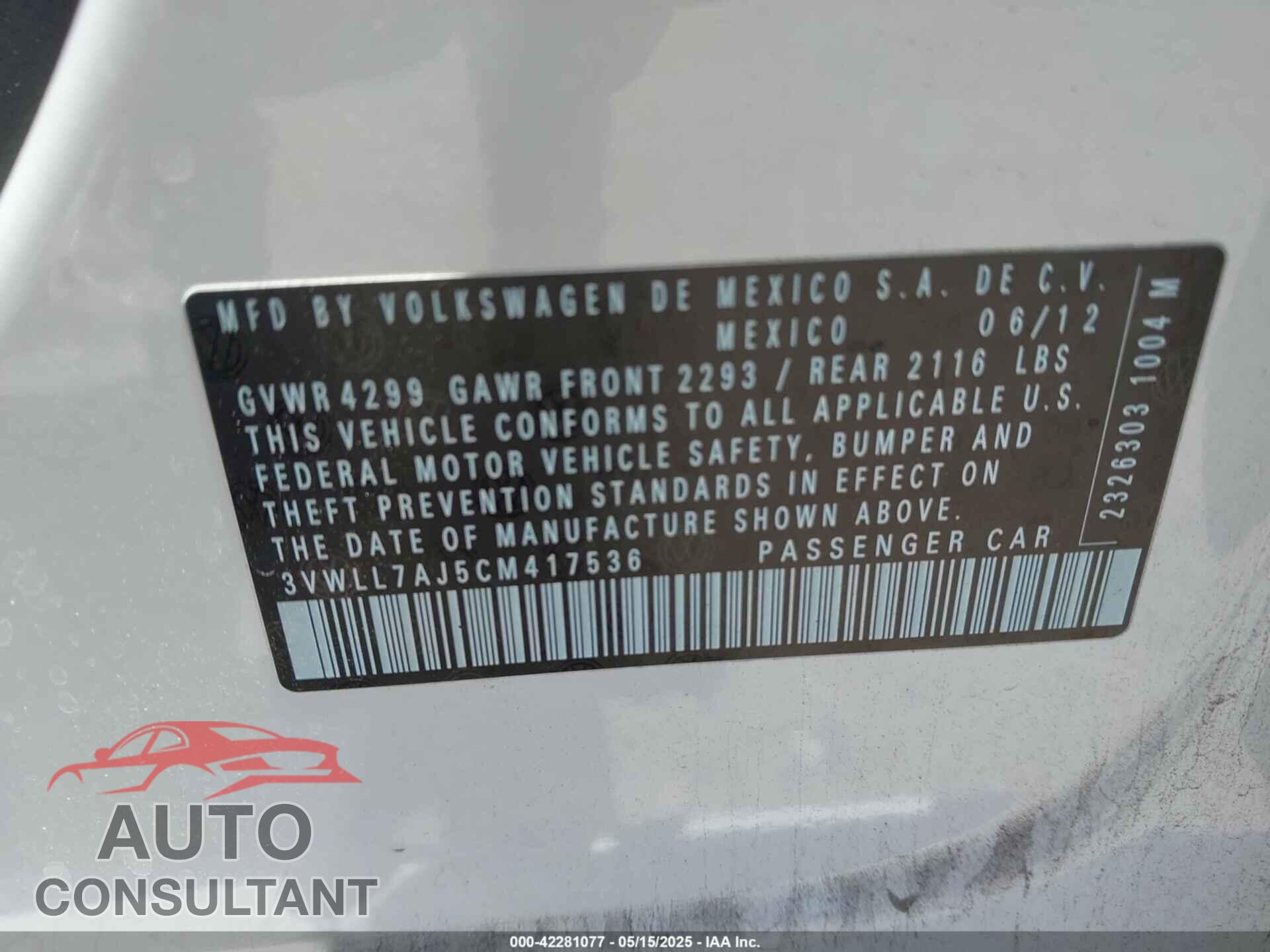 VOLKSWAGEN JETTA 2012 - 3VWLL7AJ5CM417536