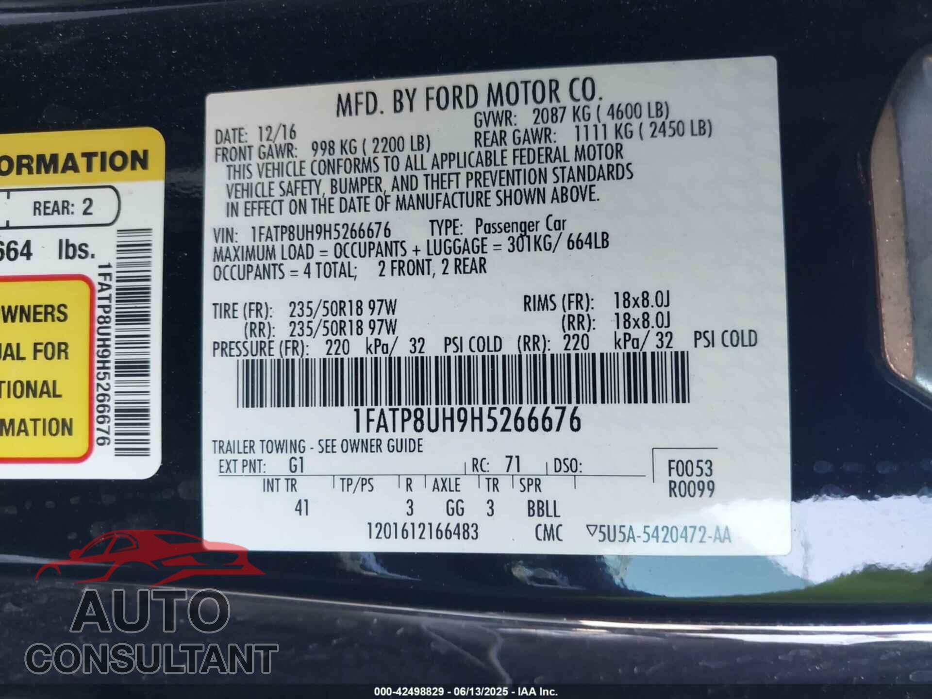 FORD MUSTANG 2017 - 1FATP8UH9H5266676