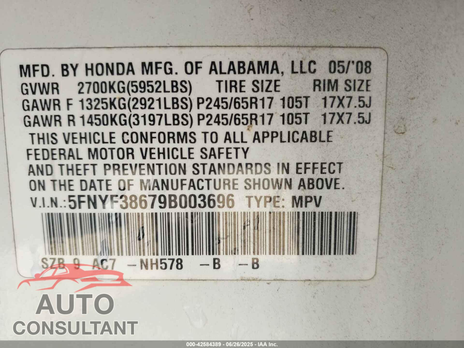 HONDA PILOT 2009 - 5FNYF38679B003696