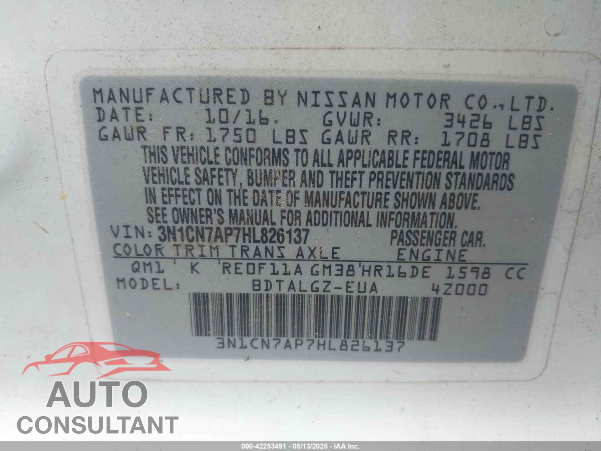 NISSAN VERSA 2017 - 3N1CN7AP7HL826137