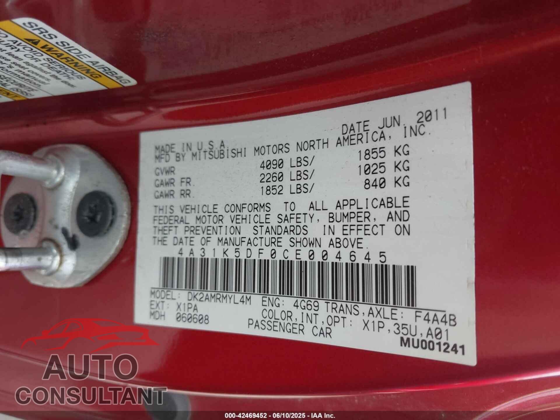 MITSUBISHI ECLIPSE 2012 - 4A31K5DF0CE004645
