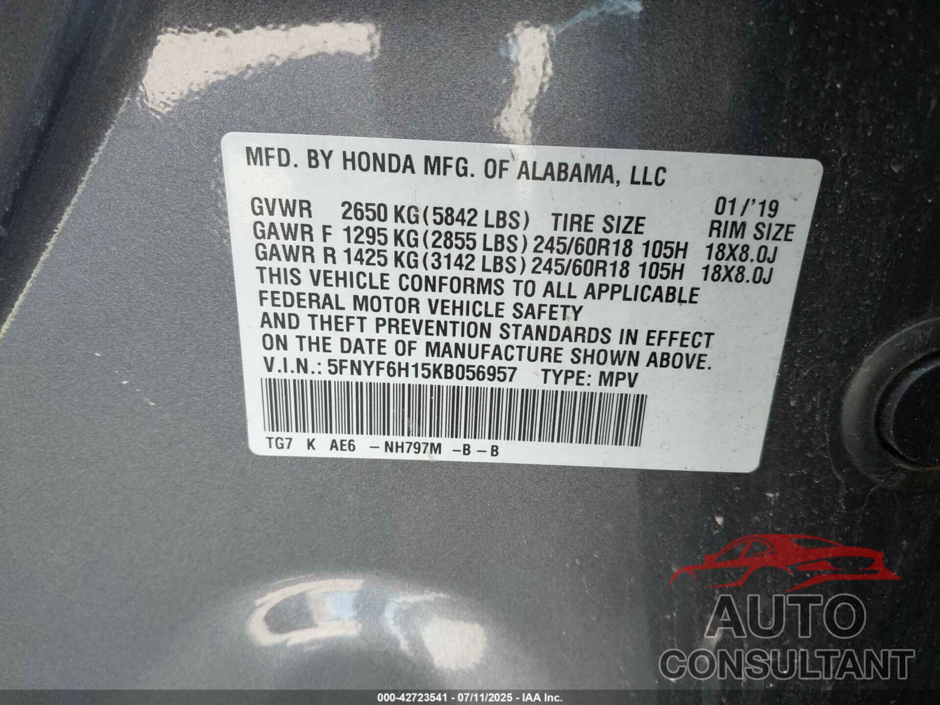 HONDA PILOT 2019 - 5FNYF6H15KB056957