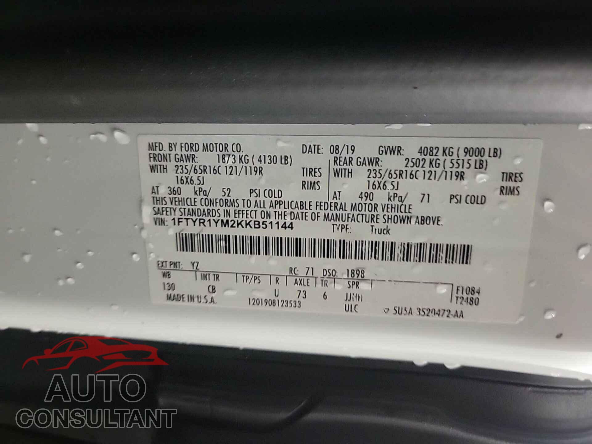 FORD TRANSIT 2019 - 1FTYR1YM2KKB51144