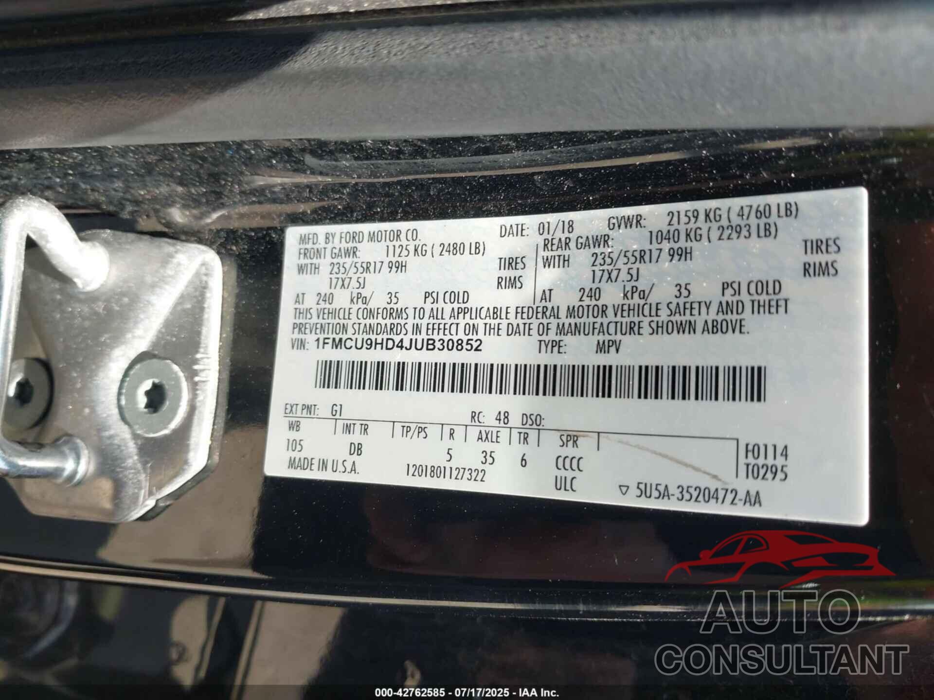 FORD ESCAPE 2018 - 1FMCU9HD4JUB30852