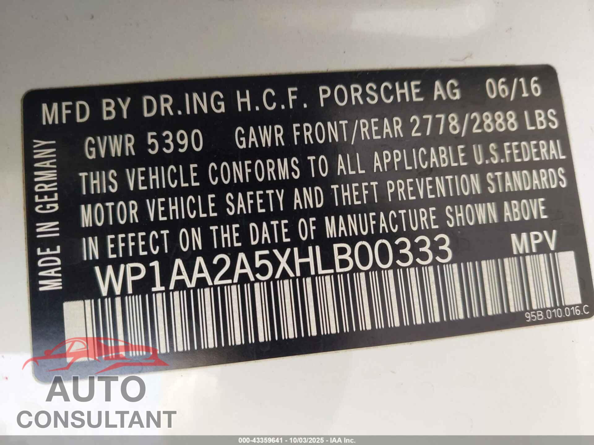 PORSCHE MACAN 2017 - WP1AA2A5XHLB00333