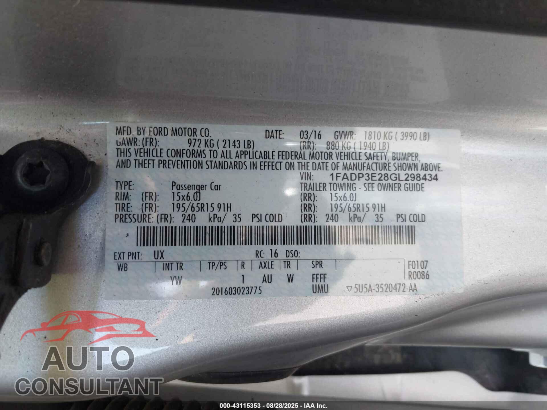 FORD FOCUS 2016 - 1FADP3E28GL298434