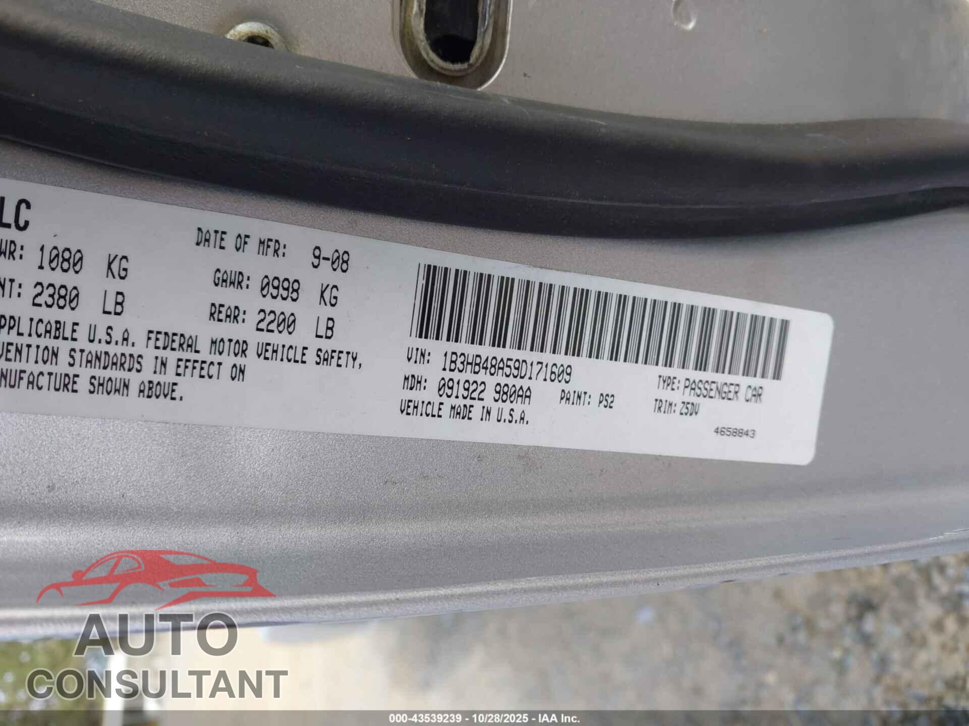 DODGE CALIBER 2009 - 1B3HB48A59D171609