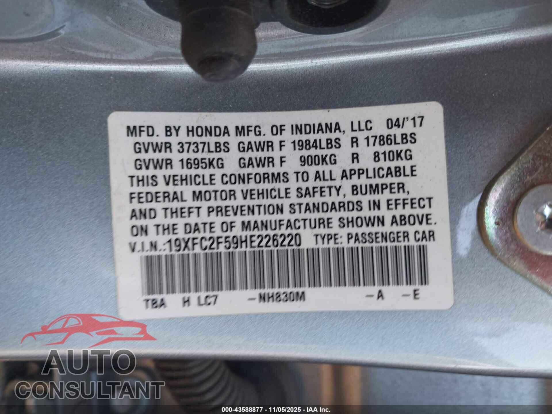 HONDA CIVIC 2017 - 19XFC2F59HE226220
