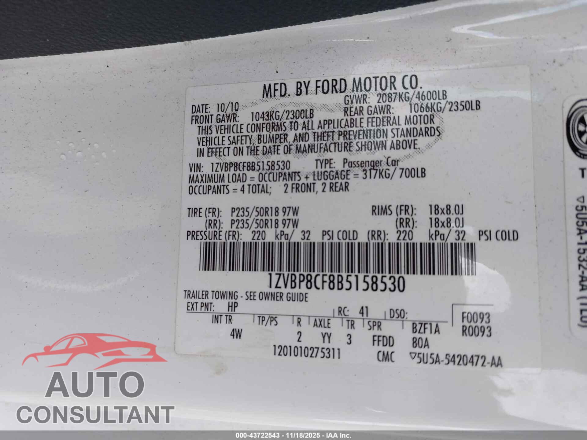 FORD MUSTANG 2011 - 1ZVBP8CF8B5158530