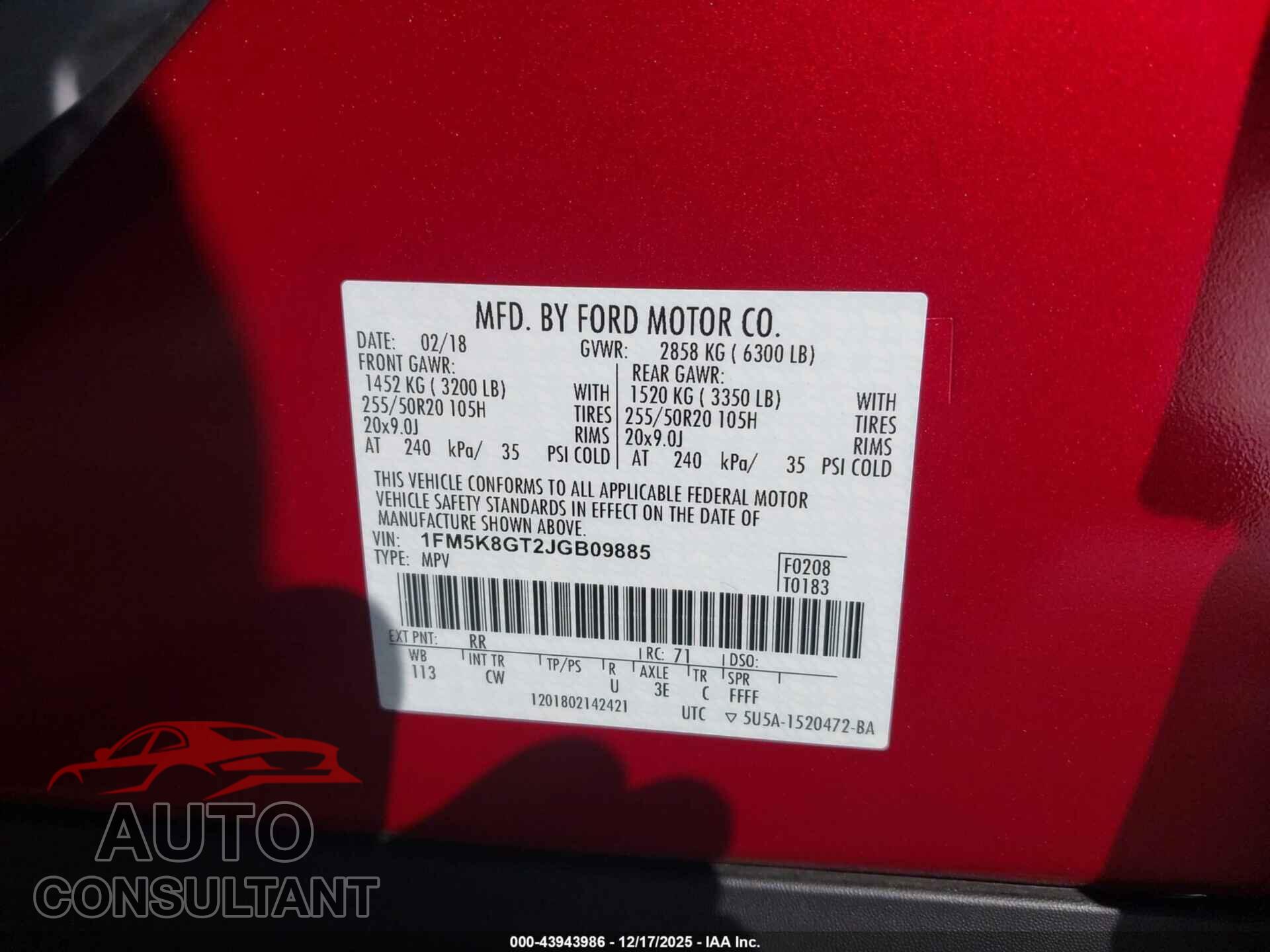 FORD EXPLORER 2018 - 1FM5K8GT2JGB09885