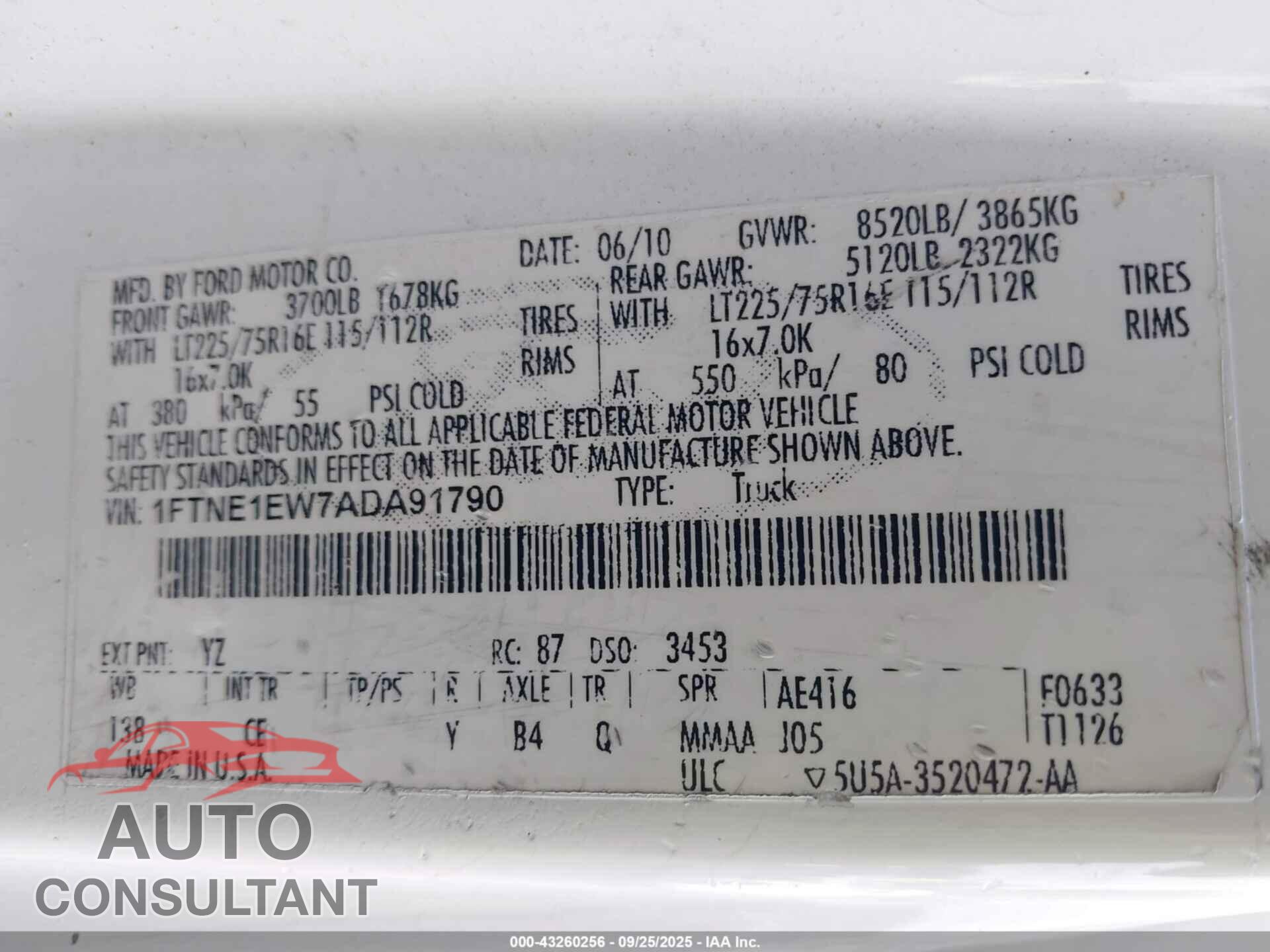 FORD E-150 2010 - 1FTNE1EW7ADA91790