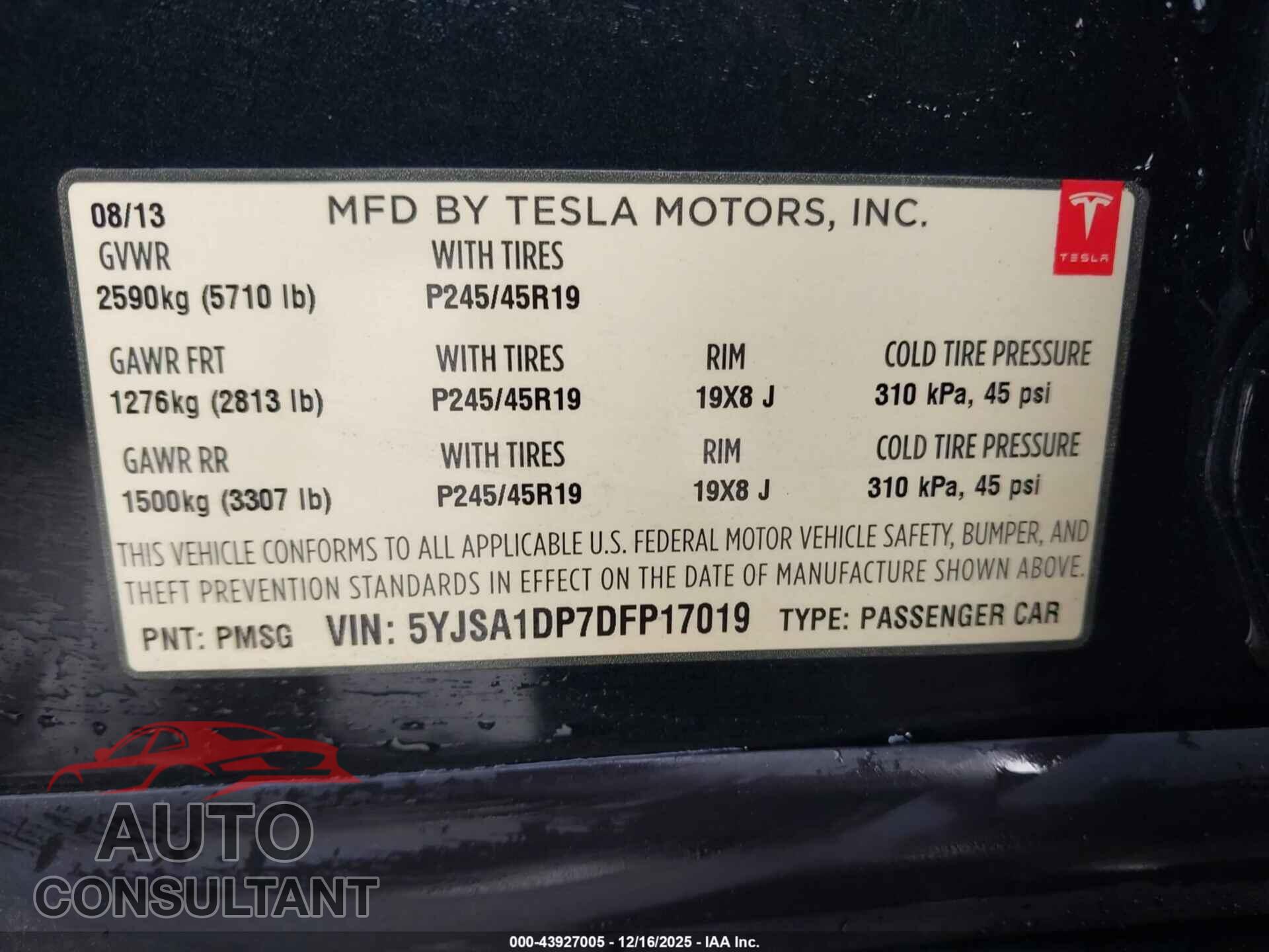 TESLA MODEL S 2013 - 5YJSA1DP7DFP17019