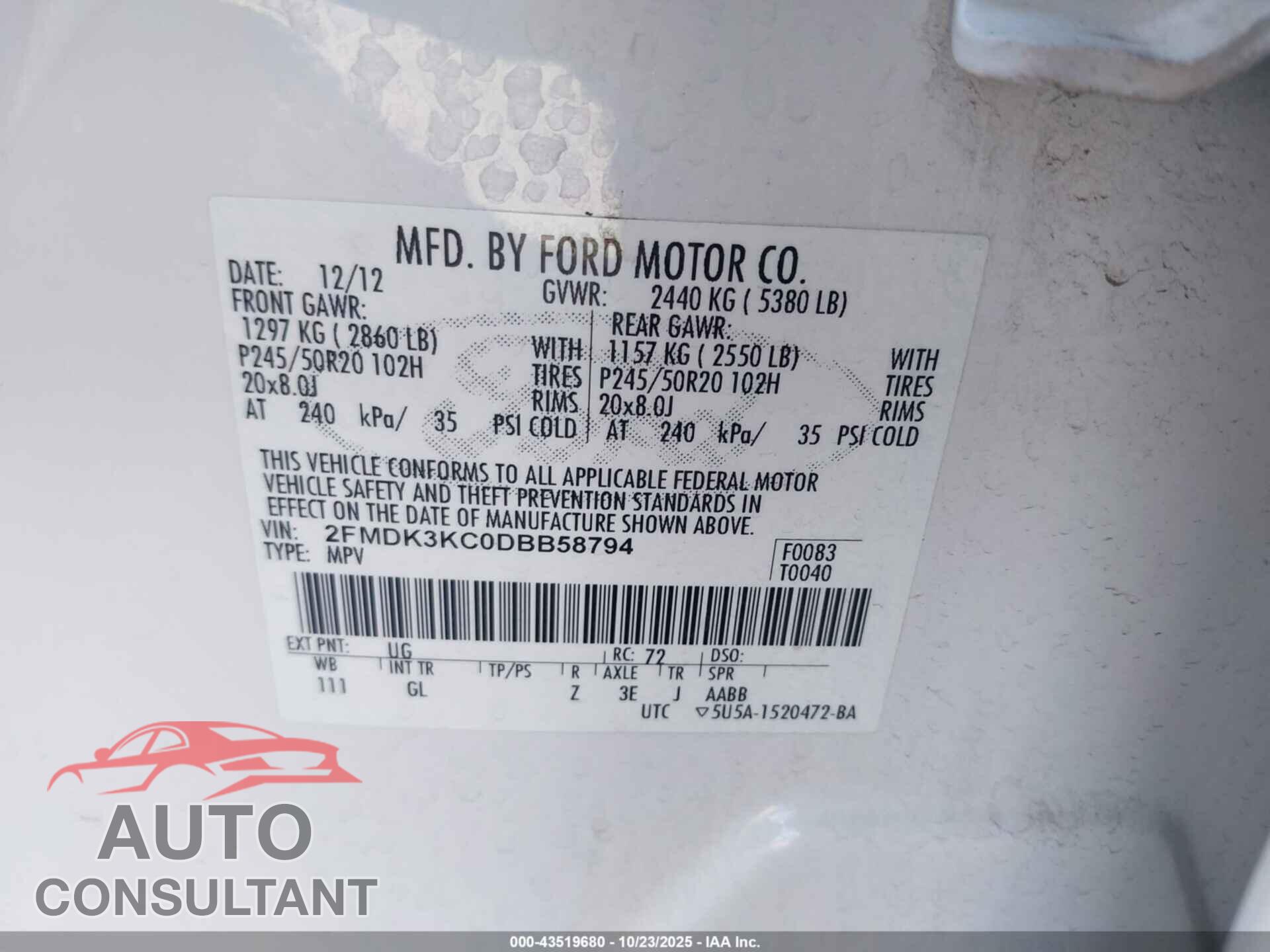 FORD EDGE 2013 - 2FMDK3KC0DBB58794