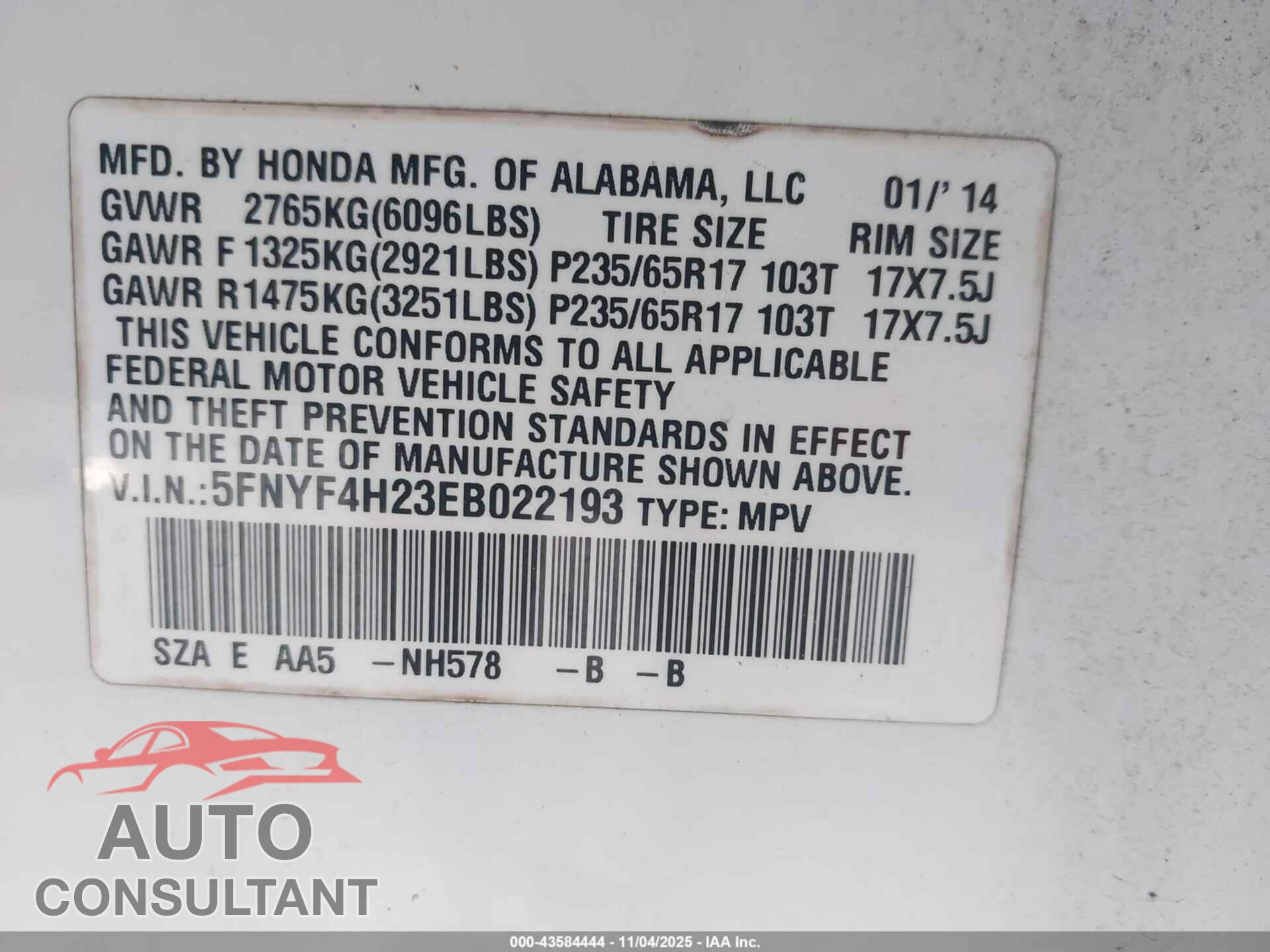 HONDA PILOT 2014 - 5FNYF4H23EB022193