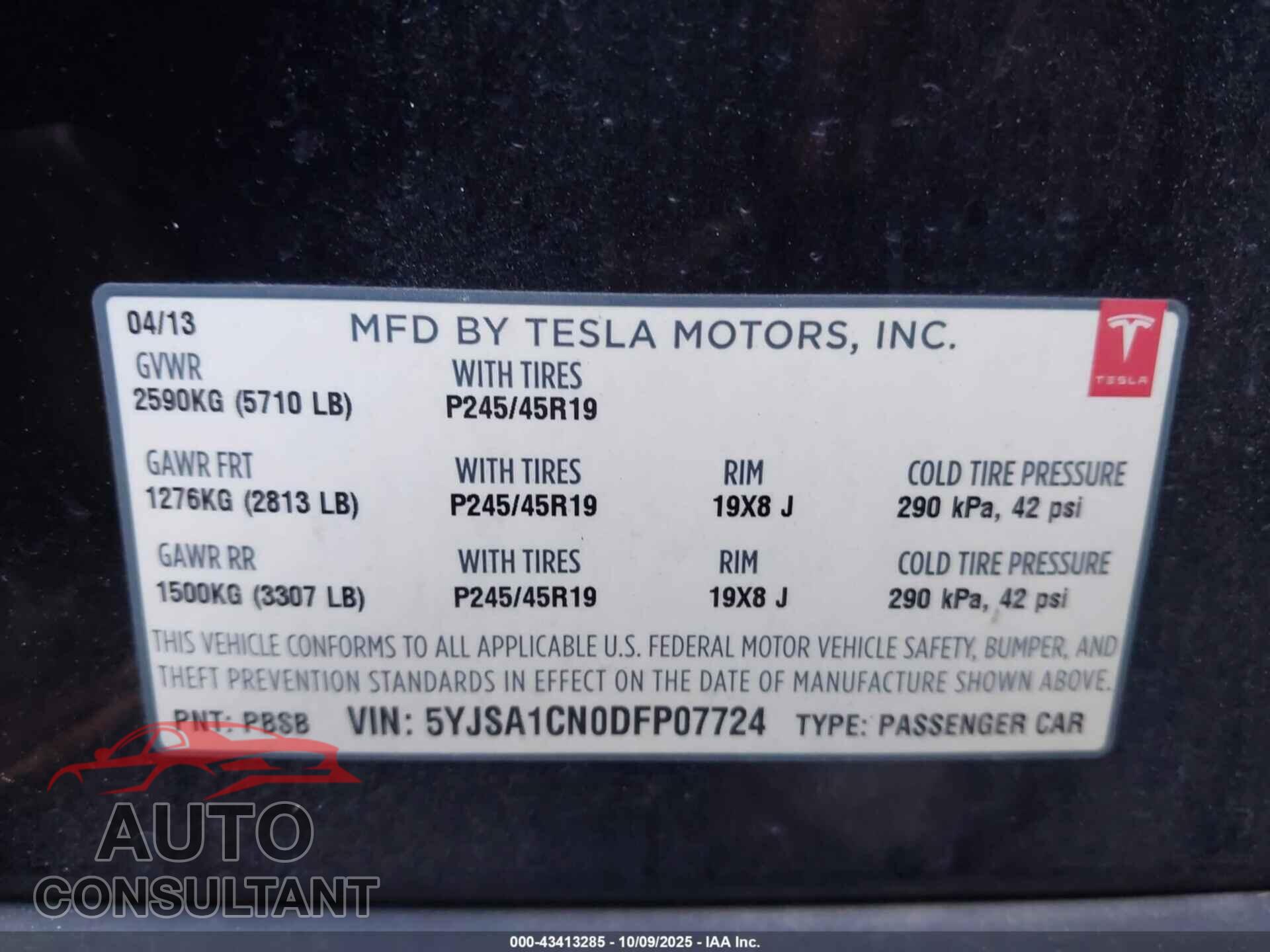 TESLA MODEL S 2013 - 5YJSA1CN0DFP07724