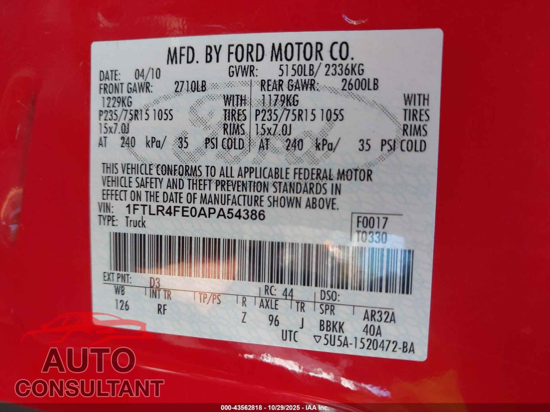 FORD RANGER 2010 - 1FTLR4FE0APA54386