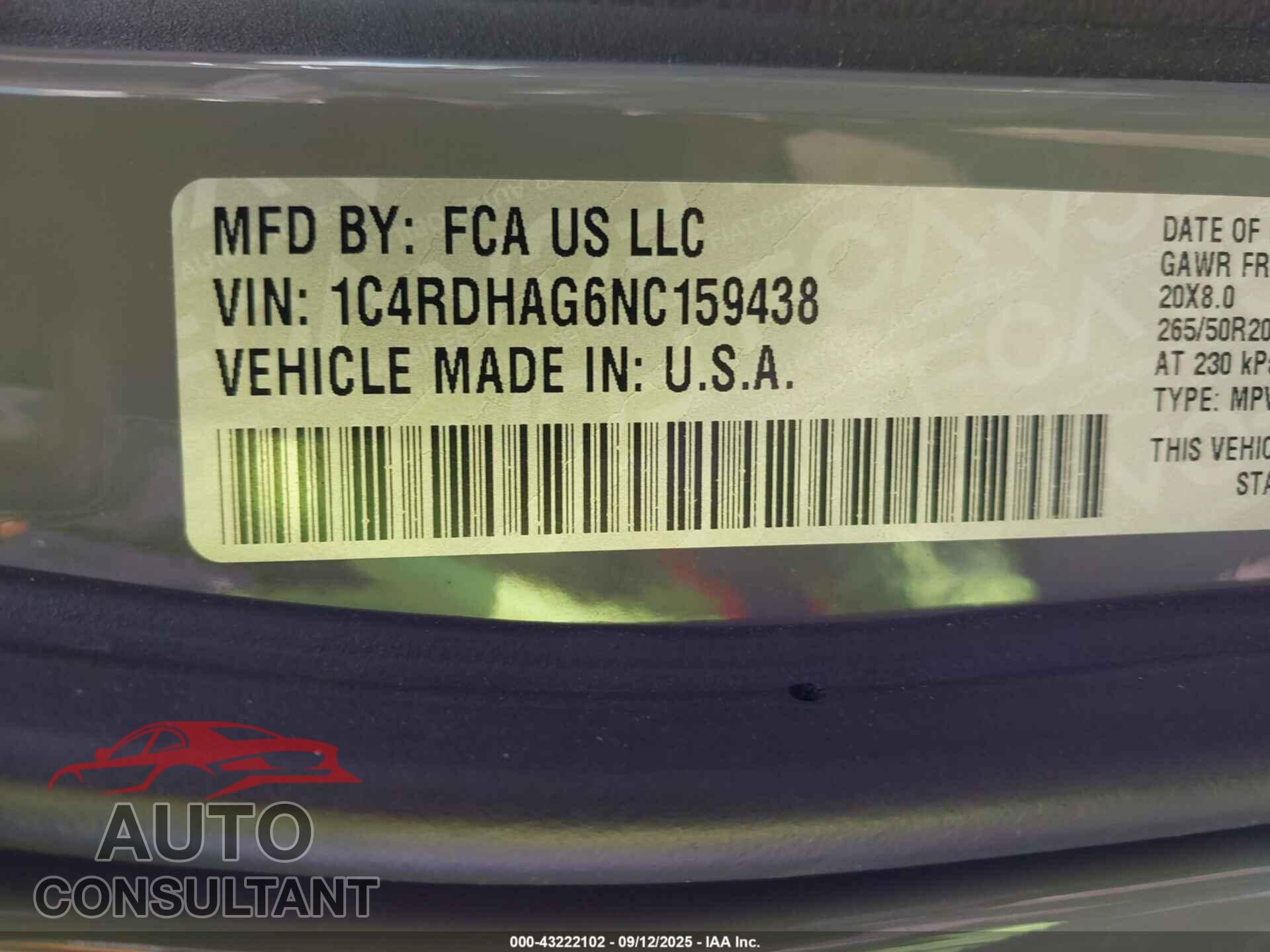 DODGE DURANGO 2022 - 1C4RDHAG6NC159438