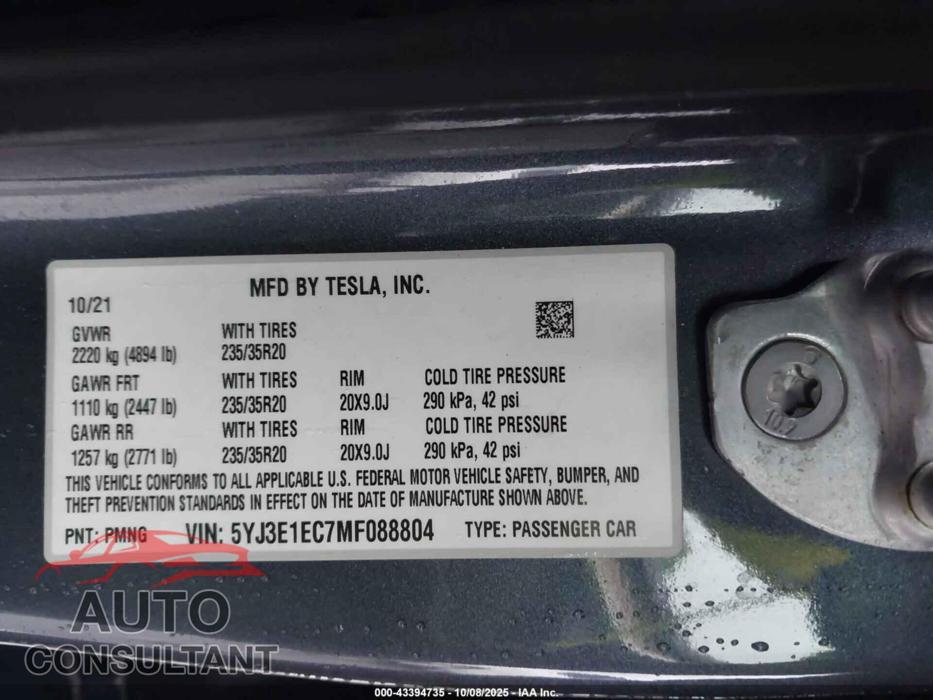 TESLA MODEL 3 2021 - 5YJ3E1EC7MF088804