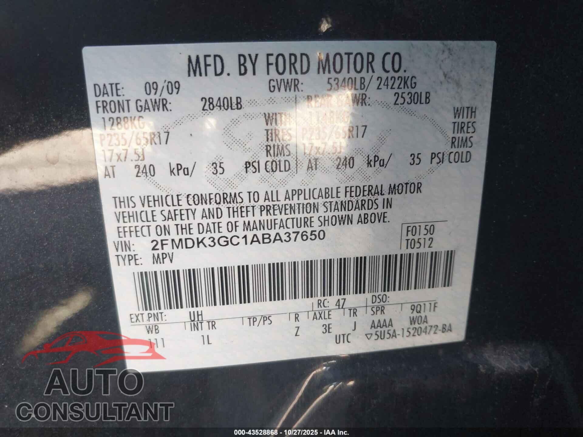 FORD EDGE 2010 - 2FMDK3GC1ABA37650